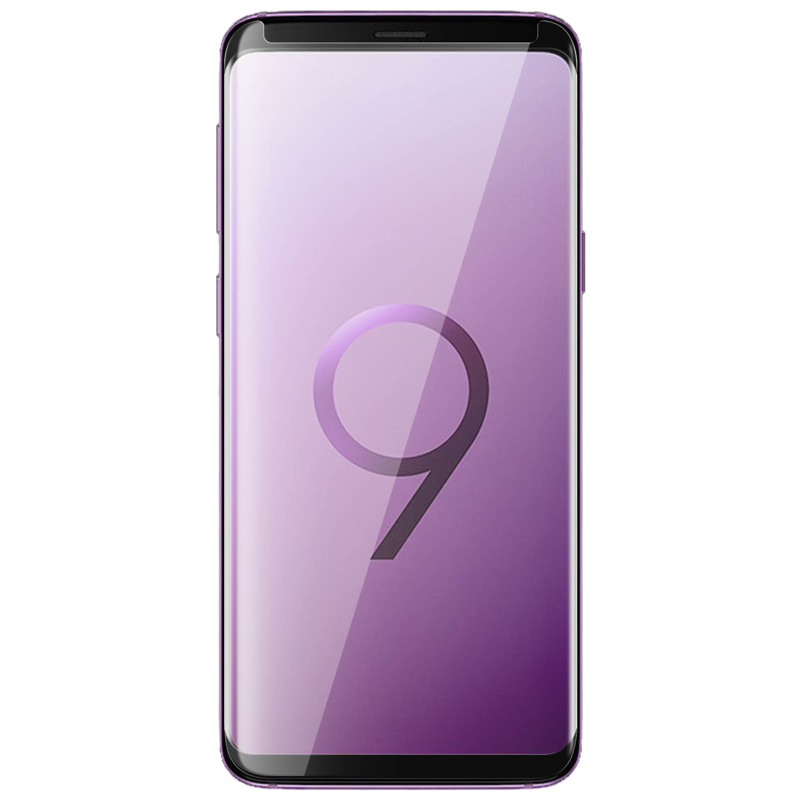 Smartphone viola con numero 9 sullo schermo. Design elegante, superficie in vetro. Luce riflessa.