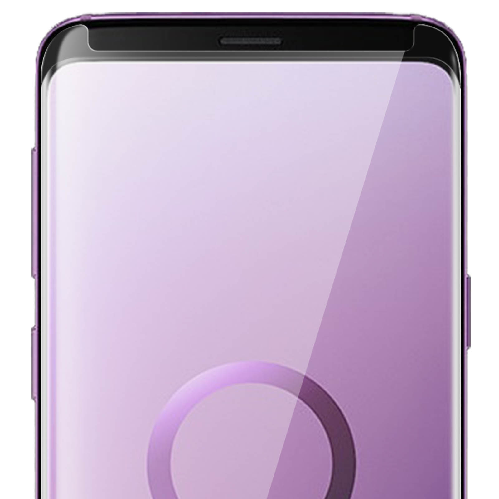 Primo piano di uno schermo di smartphone viola con una protezione per lo schermo applicata.