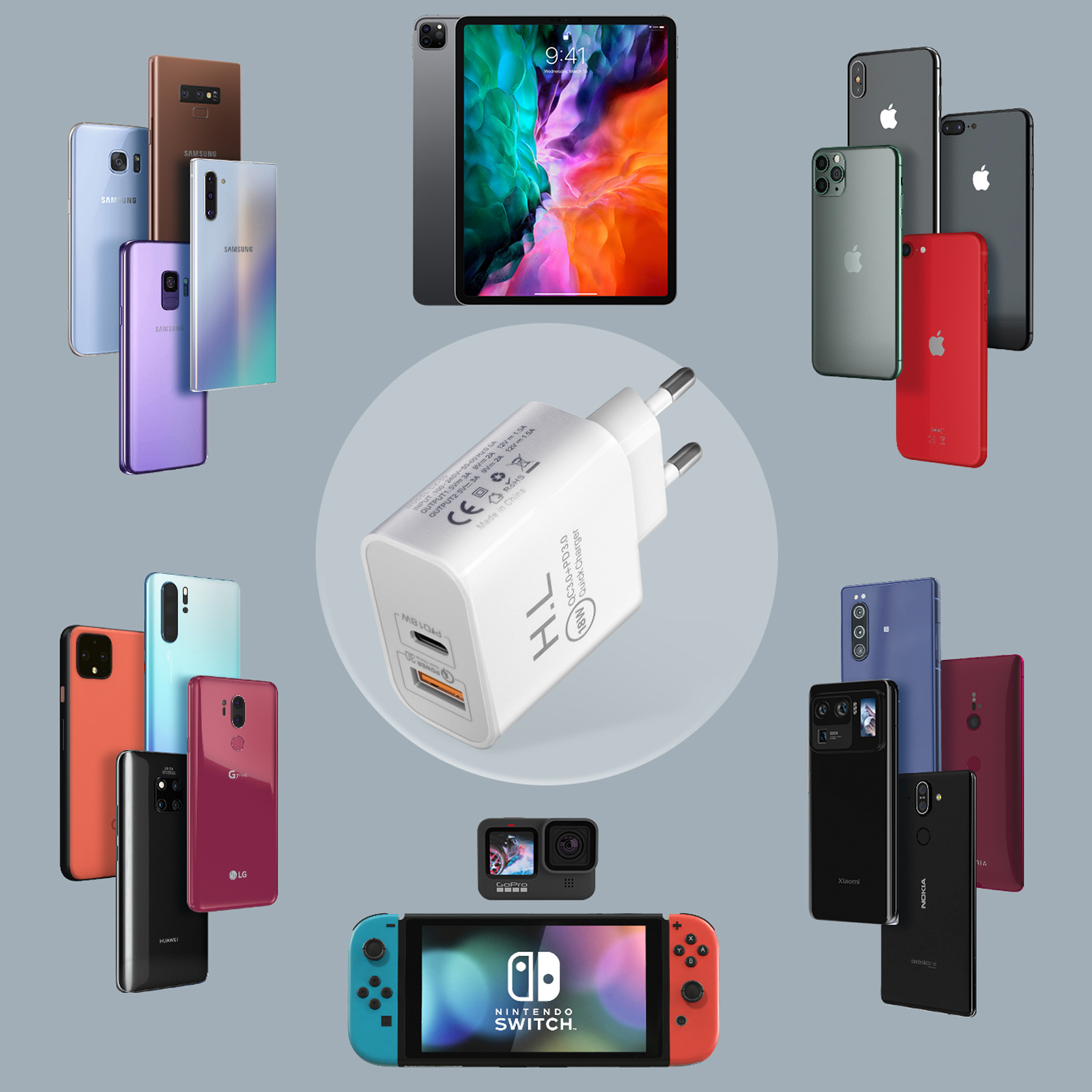Vari smartphone, un tablet, caricatore, GoPro e Nintendo Switch, disposti su una superficie.