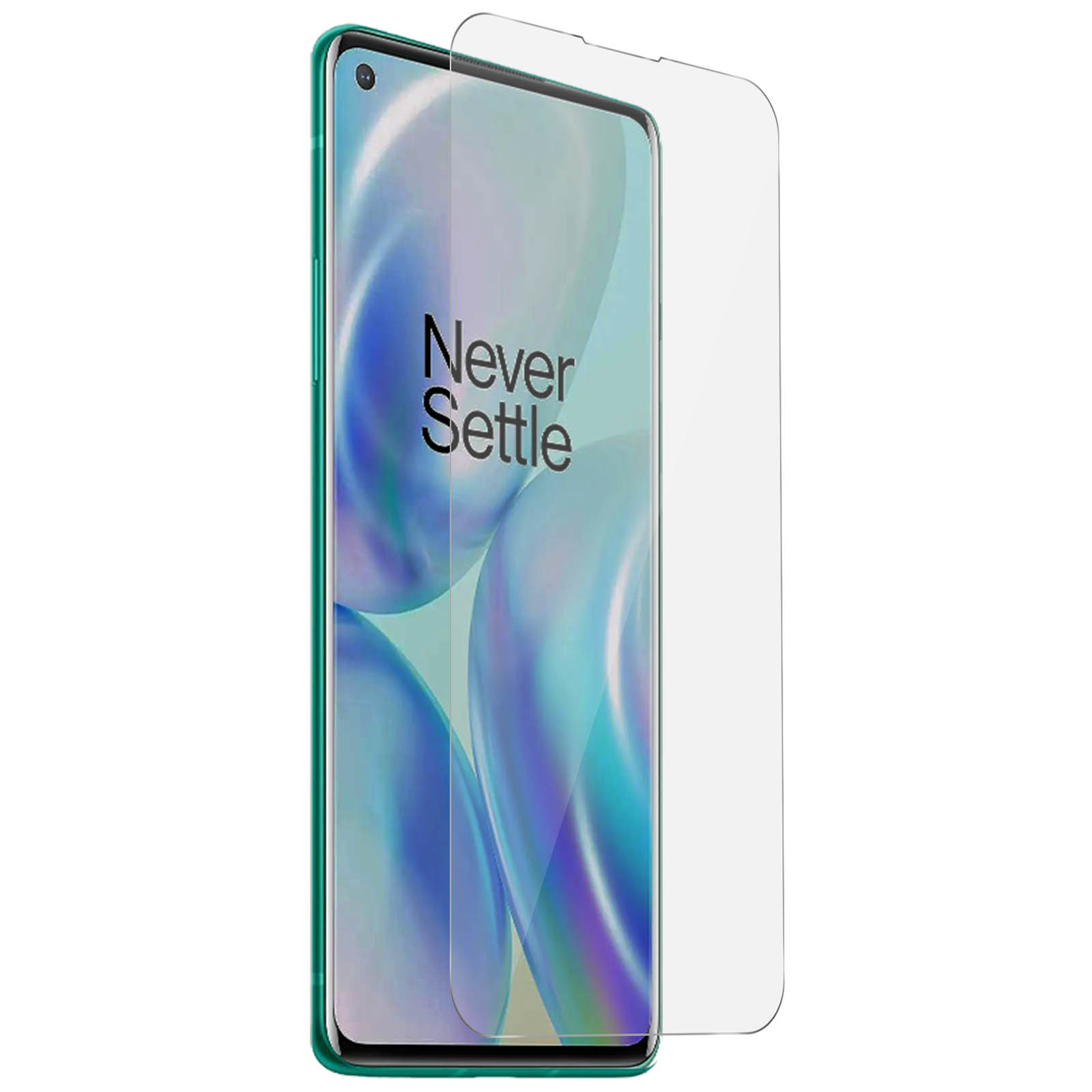 Uno smartphone con una protezione per lo schermo. Lo schermo ha lo slogan 'Never Settle'.