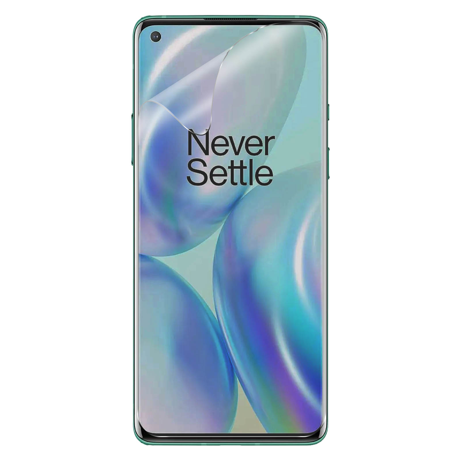 Telefono OnePlus con cornice verde, che mostra il testo 'Never Settle'.