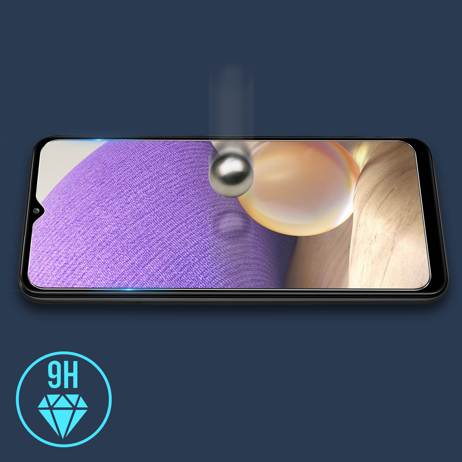 Un écran de téléphone avec un protecteur d'écran appliqué. Une icône de diamant est visible.