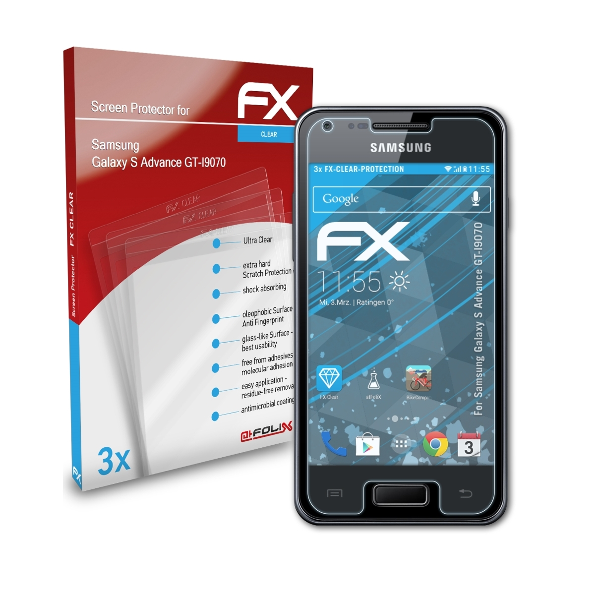ATFOLIX 3x FX-Clear Displayschutz(für (GT-I9070)) Advance Samsung S Galaxy