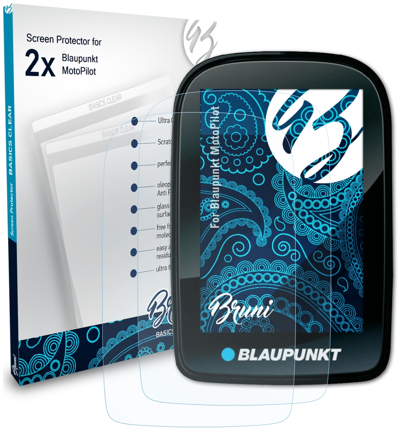 BRUNI MotoPilot) Basics-Clear 2x Blaupunkt Schutzfolie(für