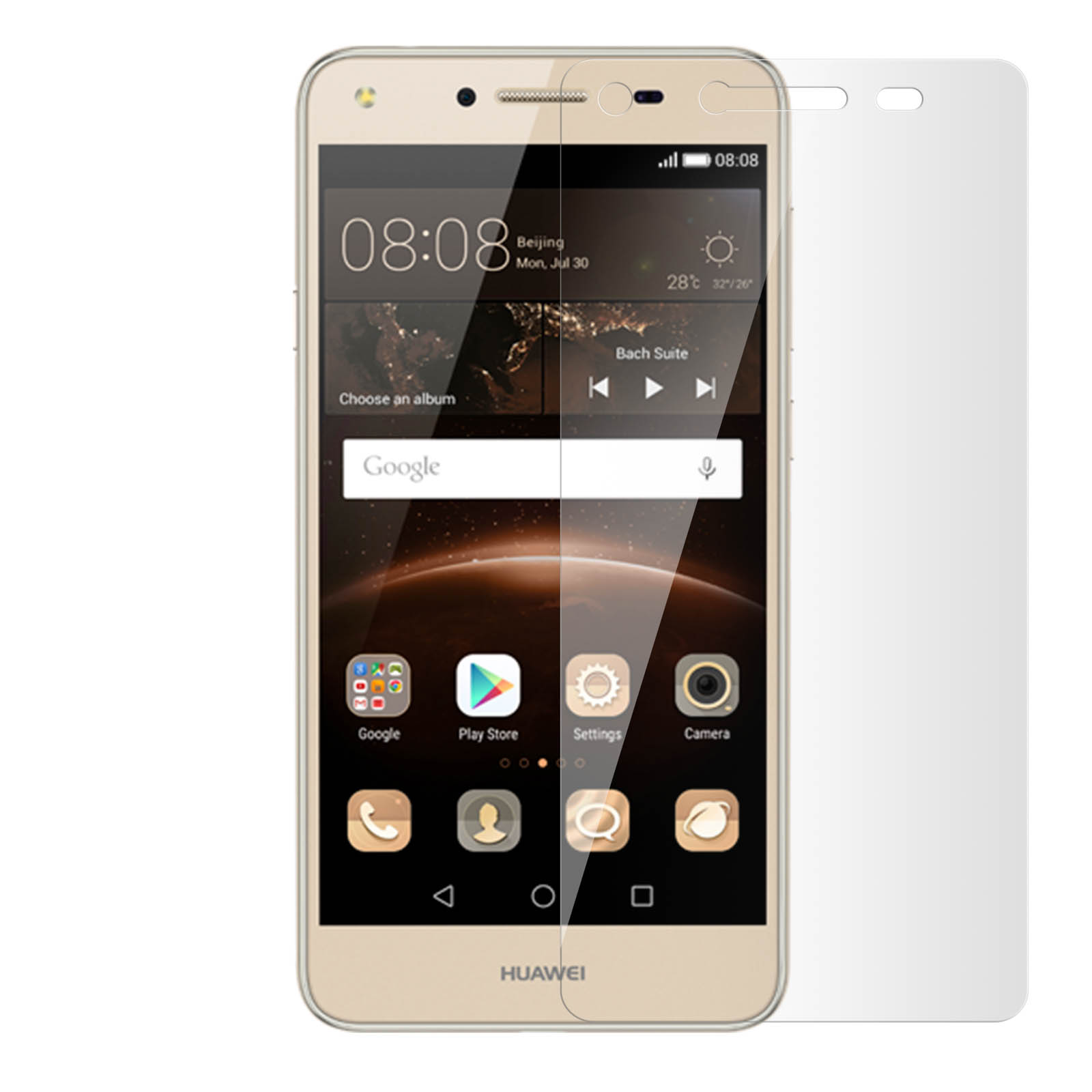Uno smartphone con protezione schermo. Il telefono mostra un'interfaccia digitale con app.