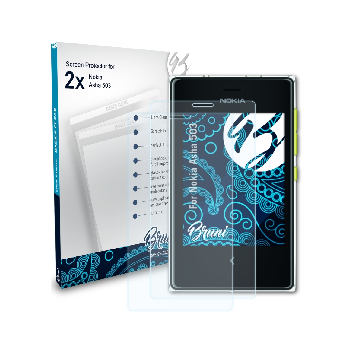 BRUNI 2x Basics-Clear Nokia 503) Asha Schutzfolie(für