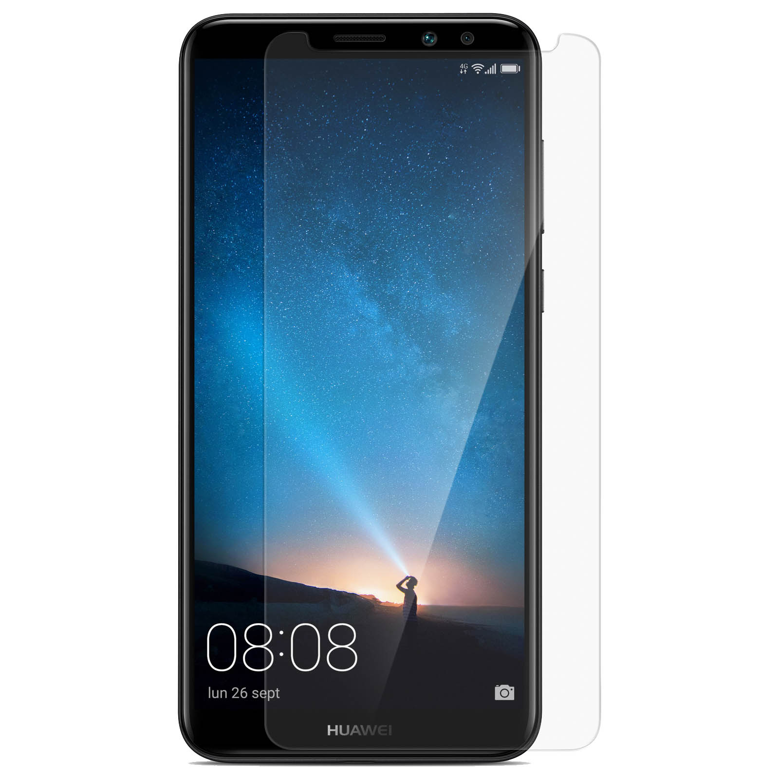 Zwarte smartphone met schermbeschermer, een sterrennacht weergeven, wit.
