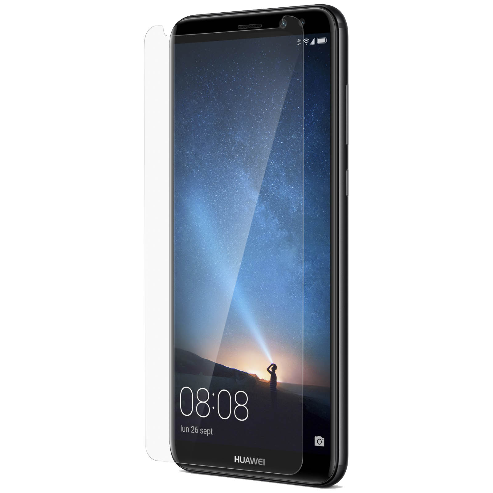 Smartphone noir avec protecteur d'écran. L'écran affiche une nuit étoilée et l'heure.