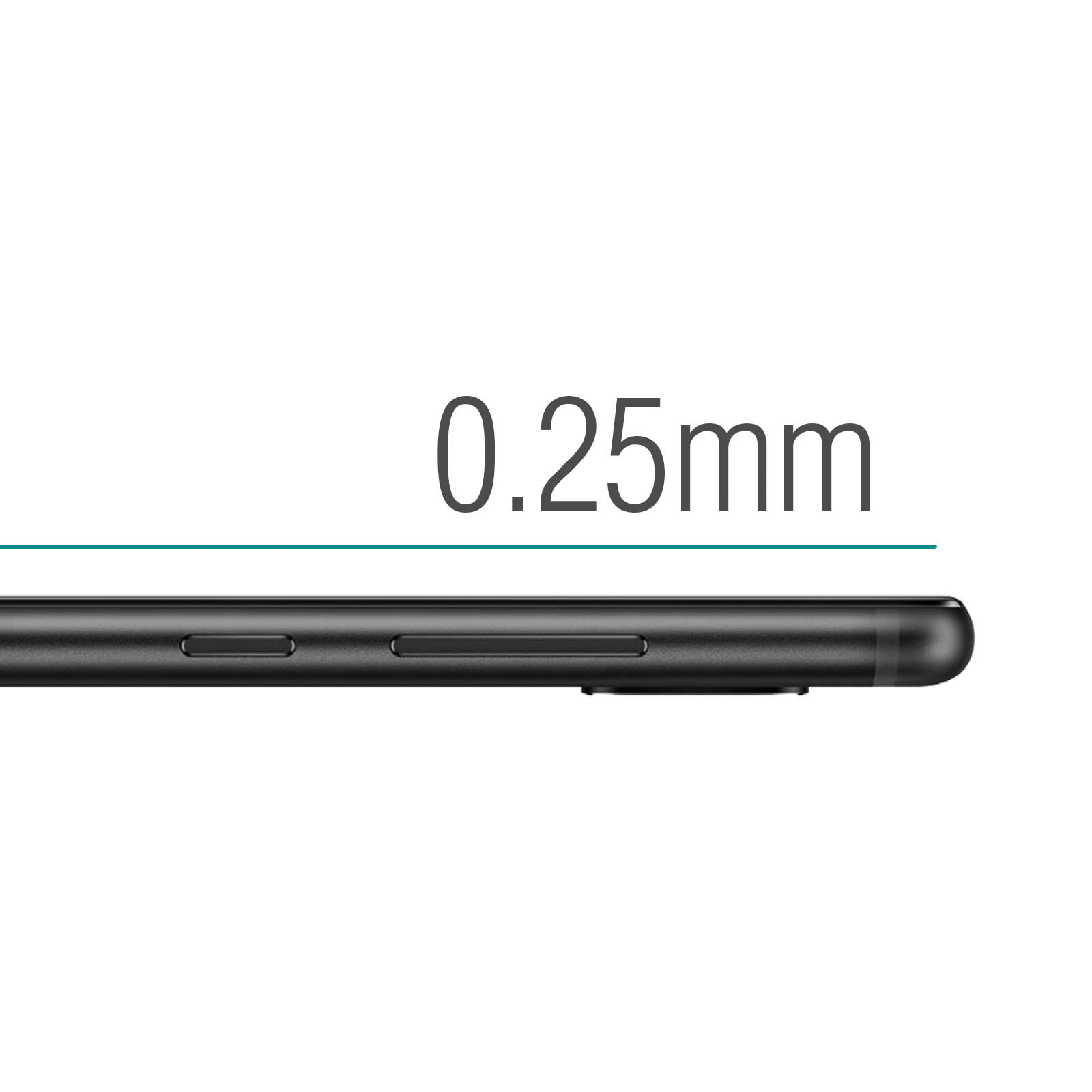 Een zijaanzicht van een zwarte smartphone, met de meting van 0,25 mm die de dikte aangeeft.