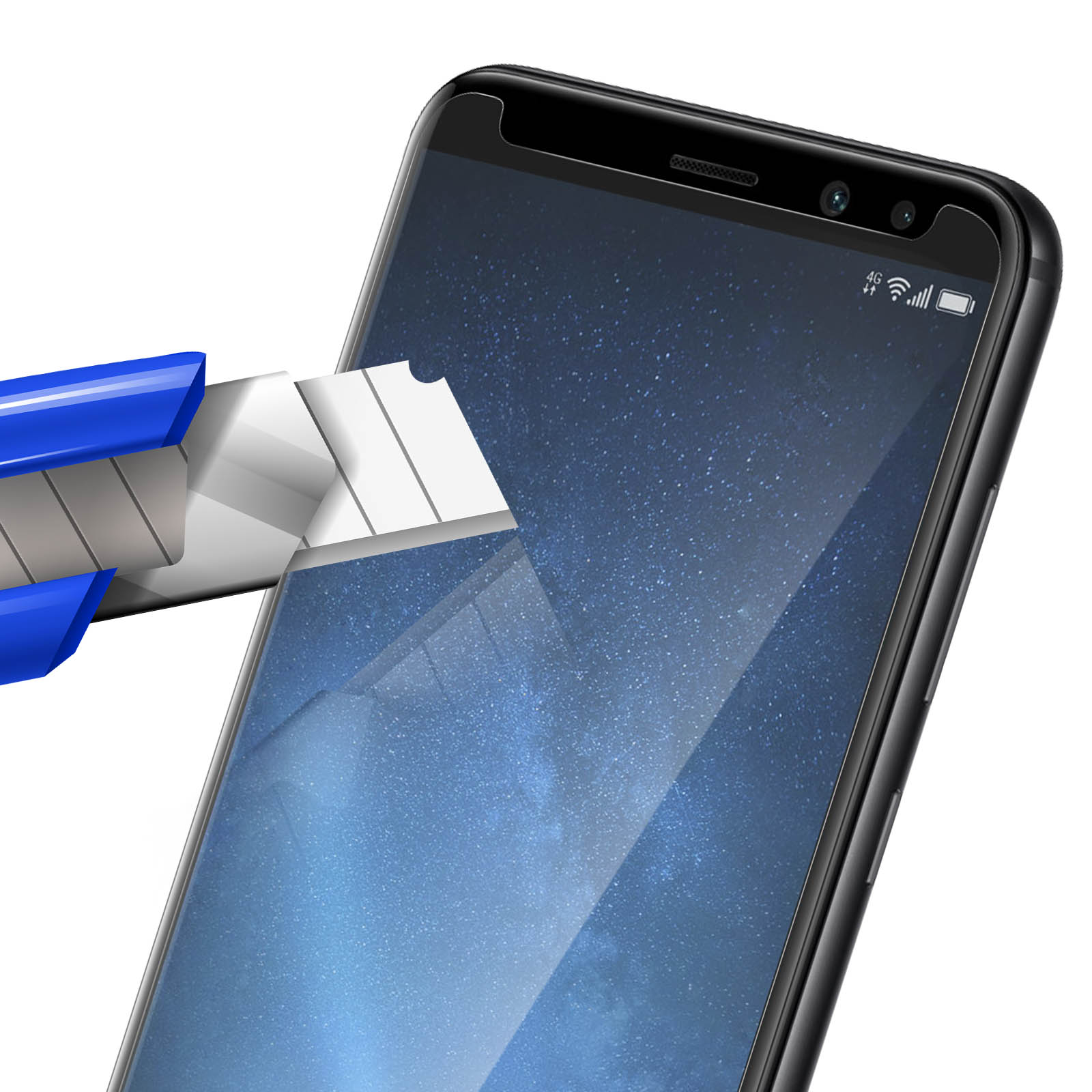 Een hobbymes dat een telefoonscherm snijdt dat bedekt is met een screenprotector.