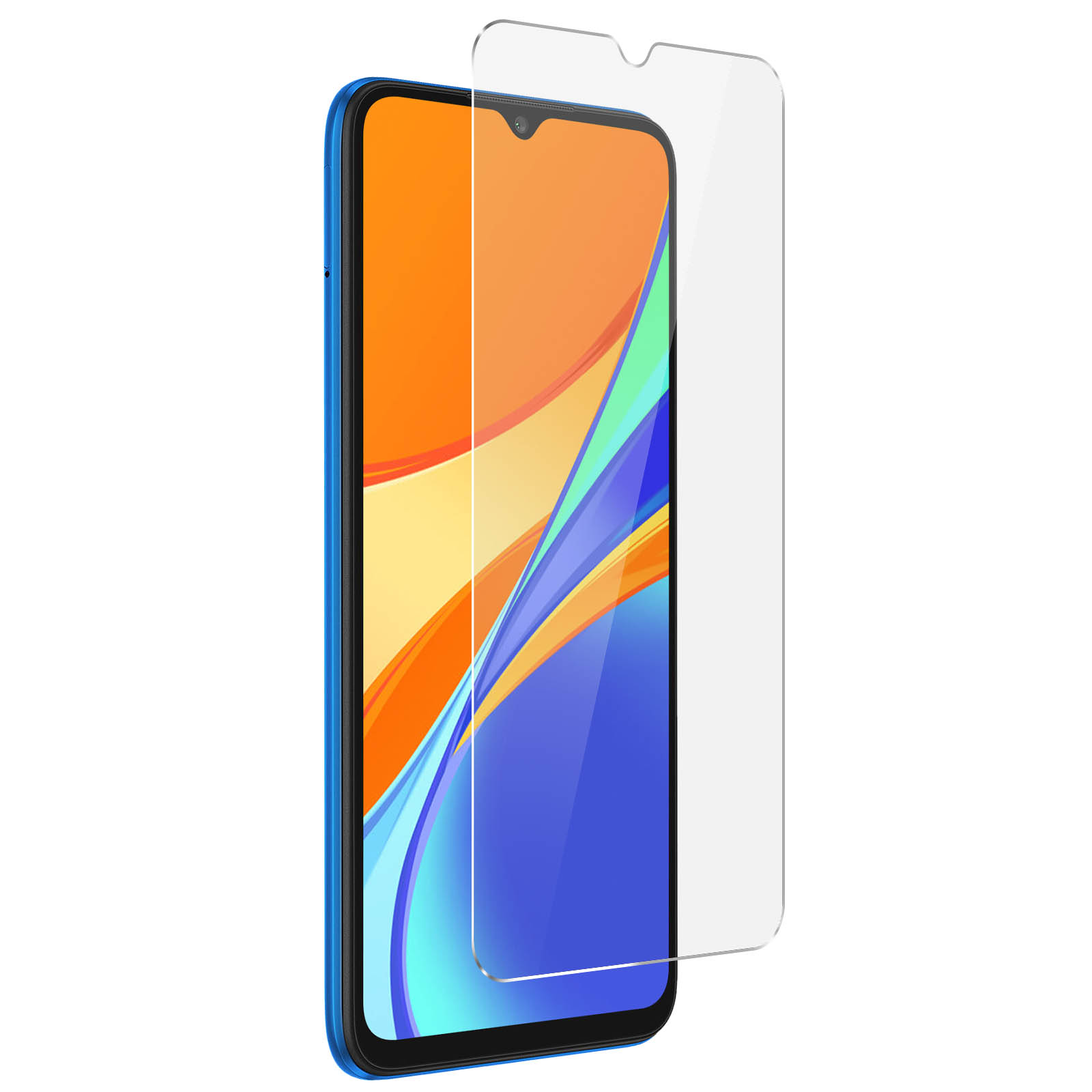 Blauwe telefoon met een heldere schermbeschermer, oranje en wit display.