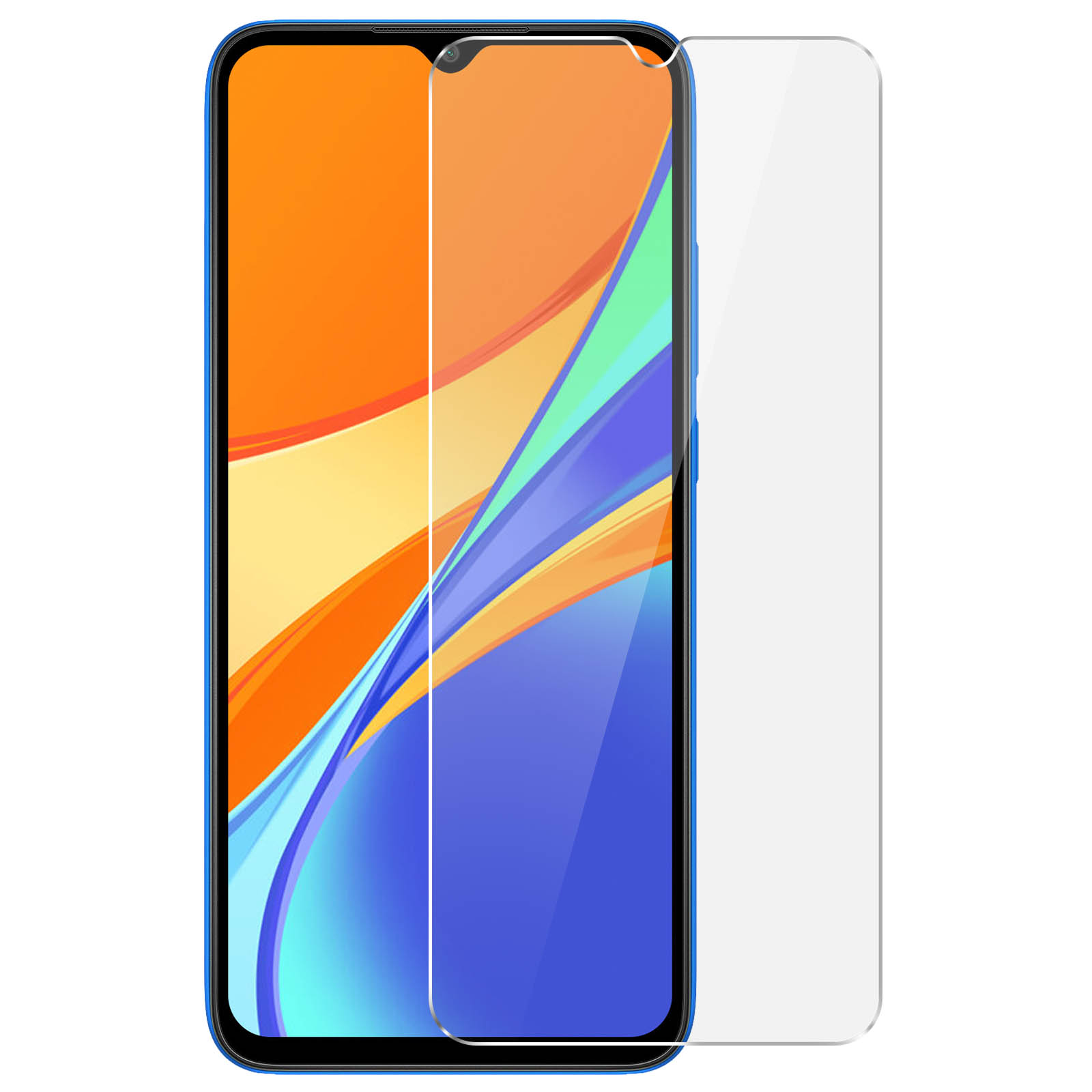 Een blauwe telefoon met een schermbeschermer erop. De schermbeschermer is helder en bedekt het scherm.