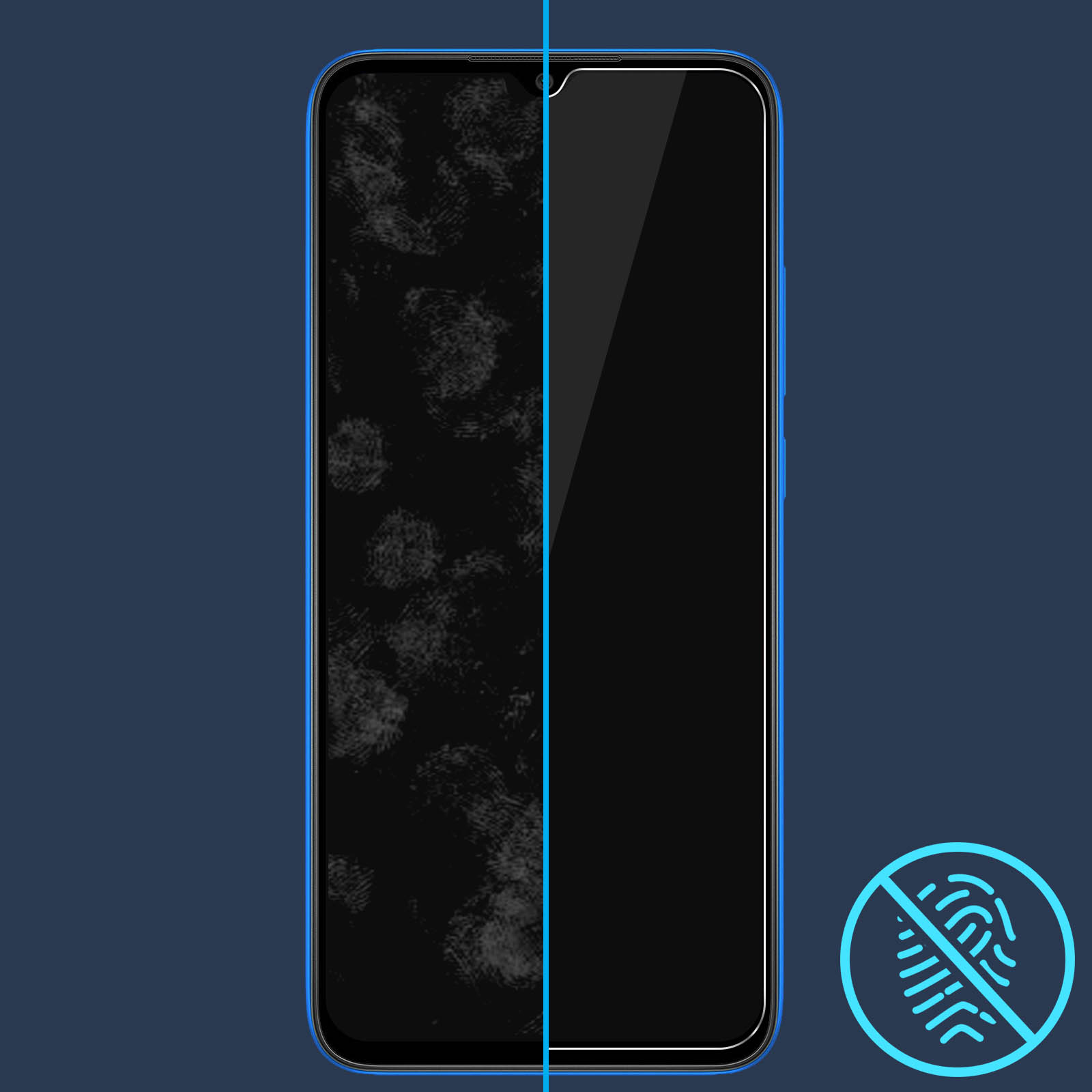 Een telefoonscherm, half bedekt met vingerafdrukken, half schoon met een blauwe lijn die ze verdeelt en een vingerafdrukpictogram.