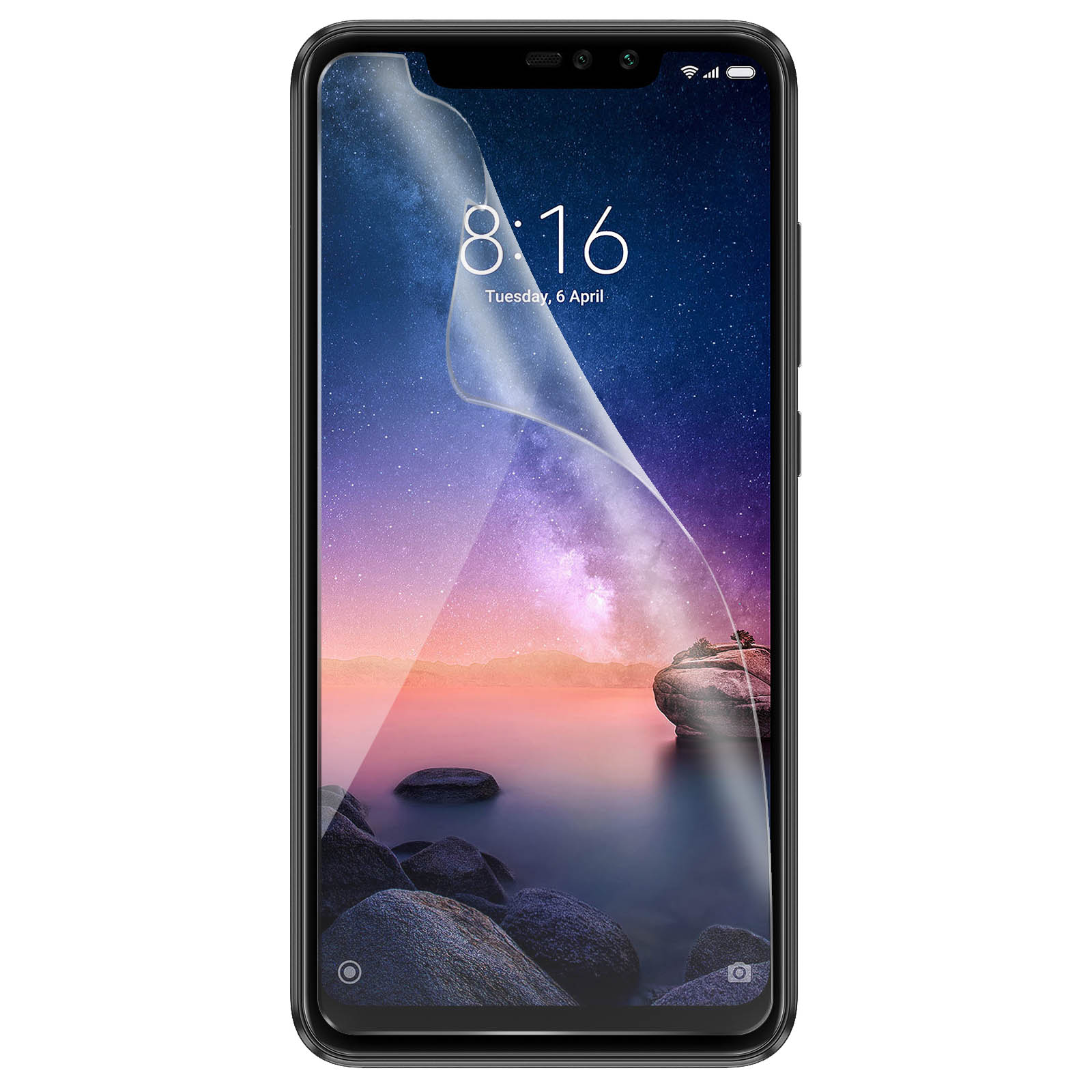 Smartphone nero con protezione schermo applicata. Lo schermo mostra una notte stellata e l'ora.