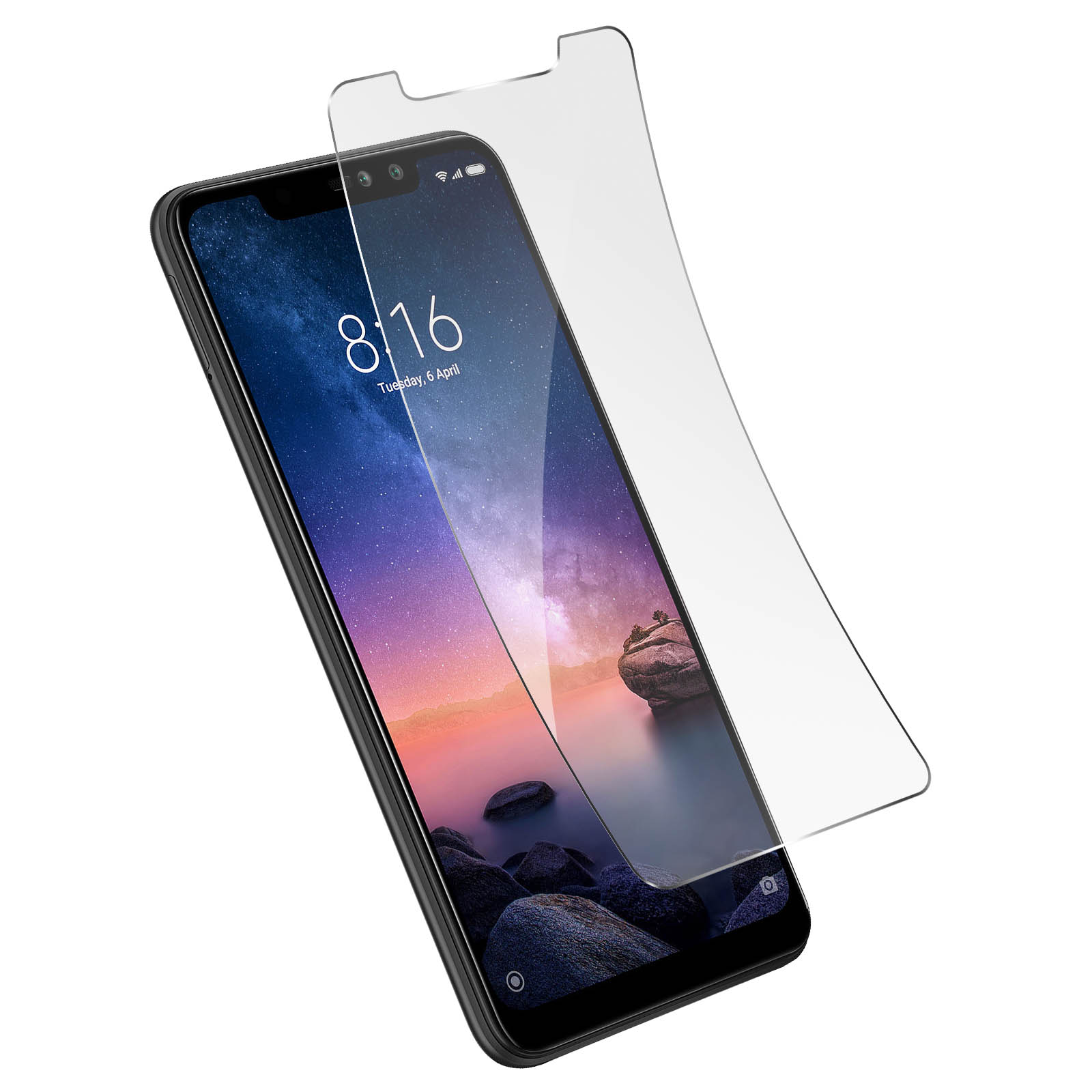Uno smartphone con una protezione per lo schermo applicata. La protezione è trasparente e adiacente al telefono.