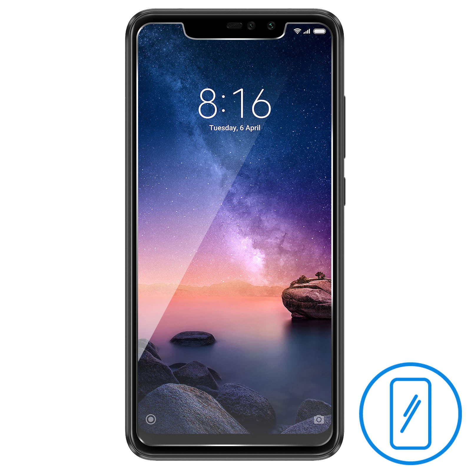 Smartphone che mostra l'applicazione di una protezione schermo, con cerchio blu.