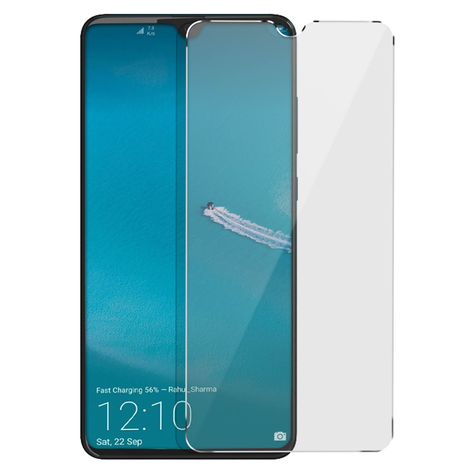 Smartphone con protezione schermo applicata, mostra un paesaggio blu.