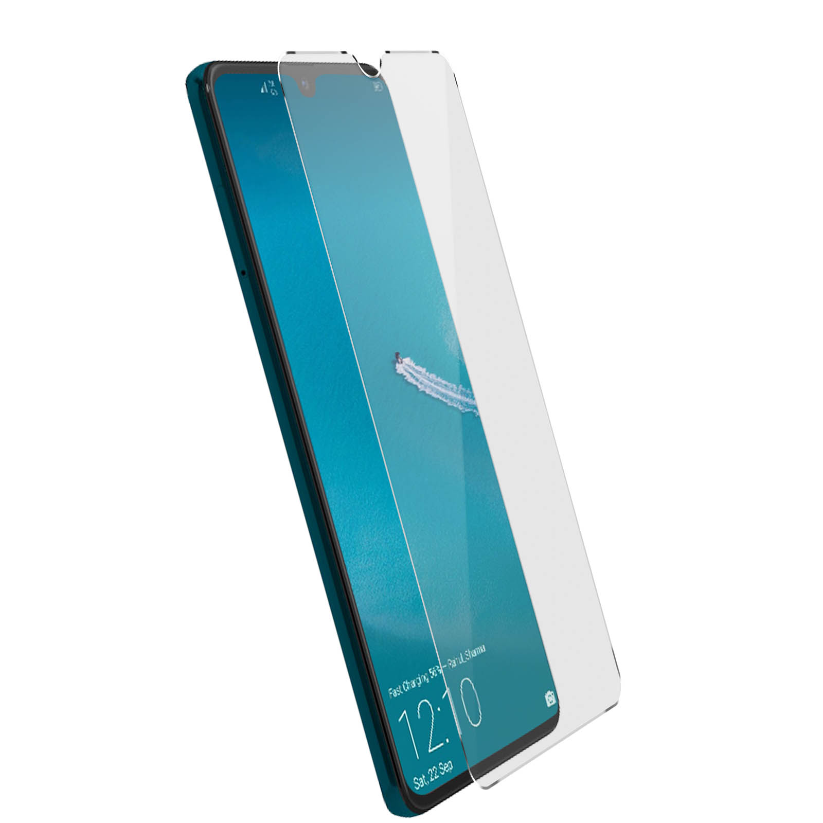 Telefono con protezione schermo, mostra l'ora. Barca bianca su acqua blu.