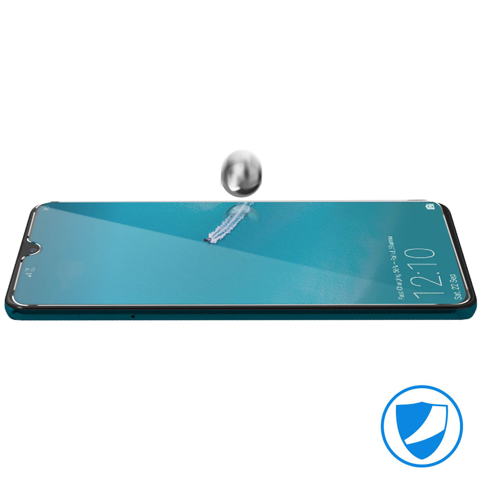 Una protezione per lo schermo del telefono con una palla che la colpisce. La protezione è su un telefono.