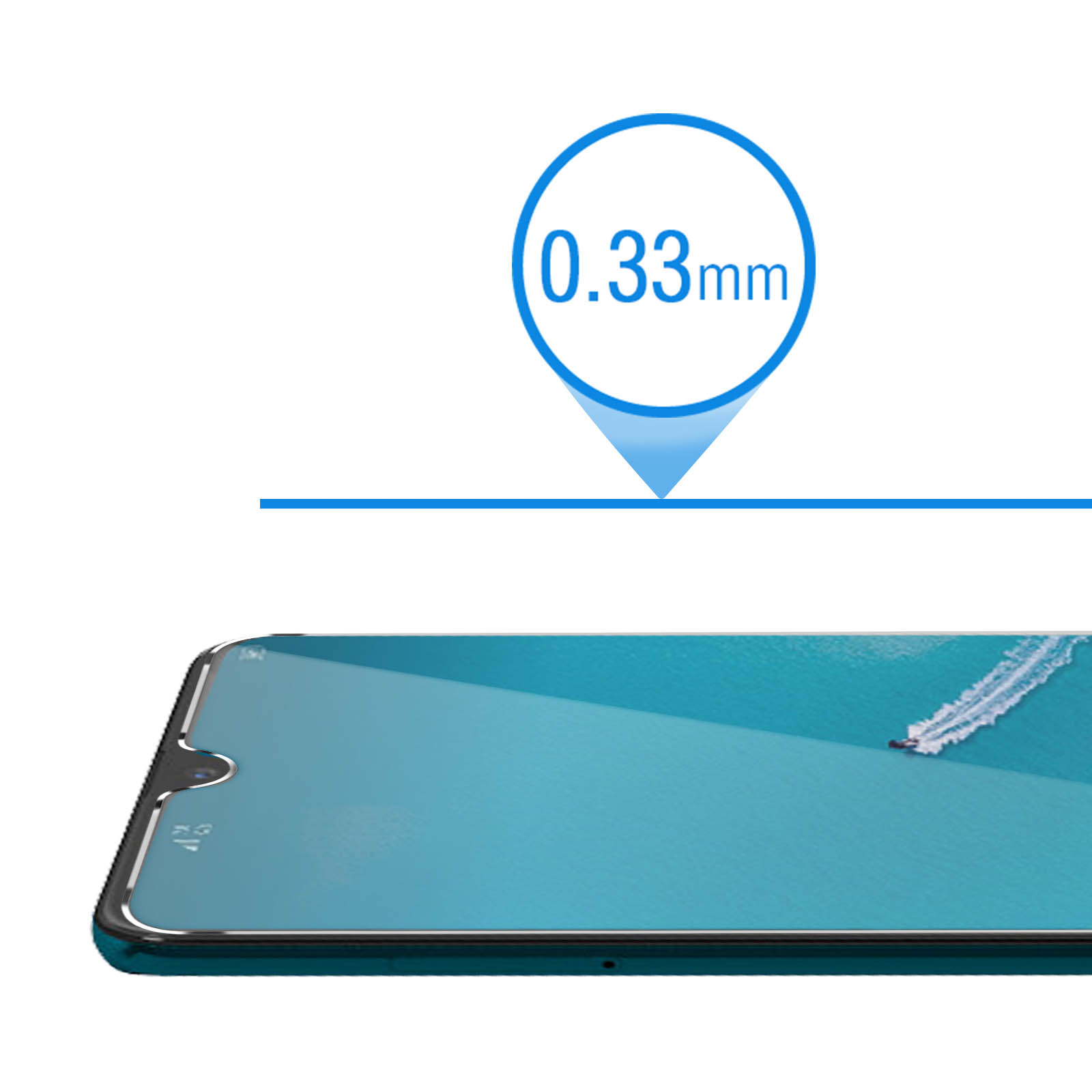 Una protezione per lo schermo su un telefono, con un cerchio blu che mostra uno spessore di 0,33 mm. Il telefono ha un'immagine del mare.