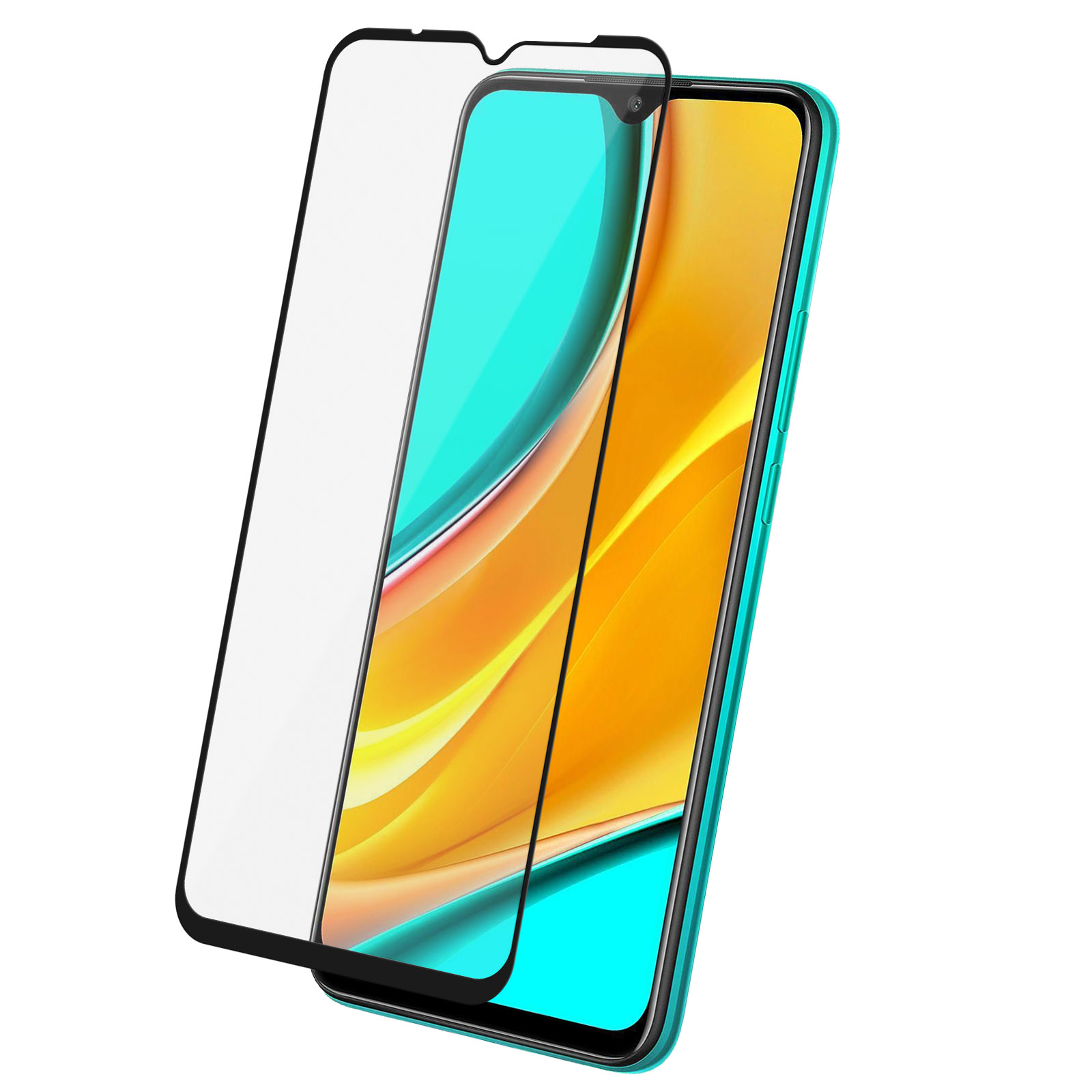 Un téléphone avec un protecteur d'écran. Le téléphone est bleu-vert et possède un écran jaune et bleu. Le protecteur est clair.