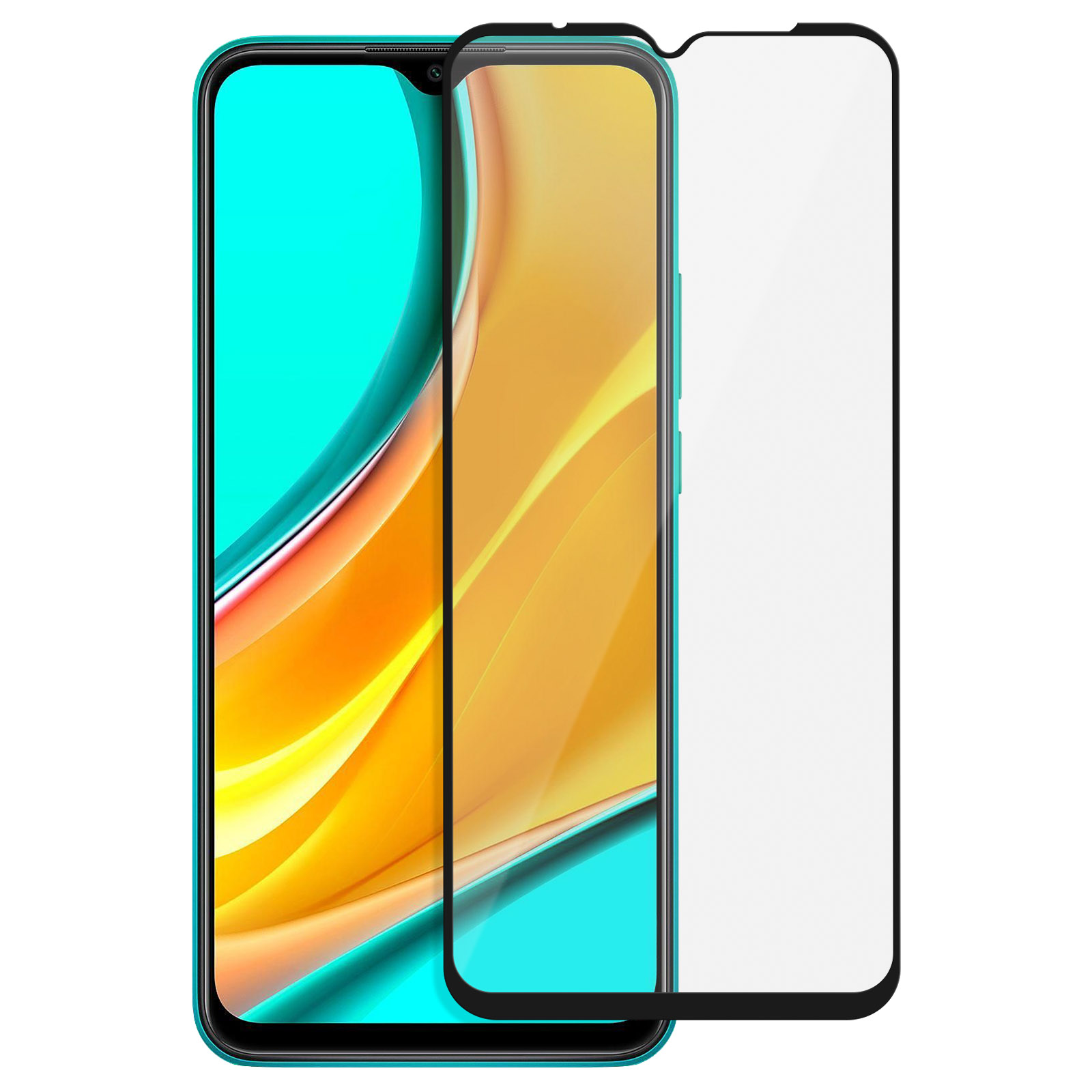 Un smartphone avec un protecteur d'écran. Le téléphone a un cadre sarcelle et l'écran affiche des couleurs orange et bleu.