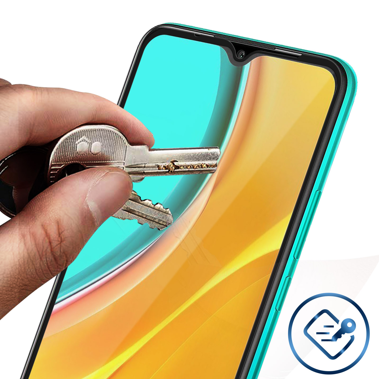 Main tenant des clés près d'un protecteur d'écran de smartphone. Le téléphone est turquoise et l'écran a des tons jaunes et bleus.
