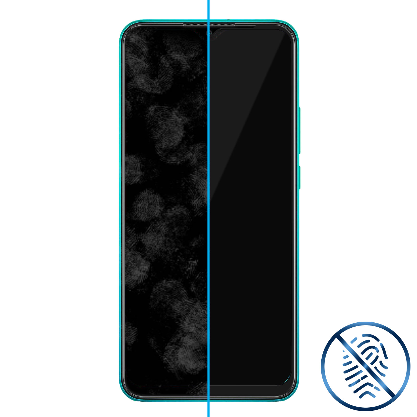 Écran de smartphone, moitié couvert d'empreintes digitales, moitié propre. Bord bleu et icône d'empreinte digitale en bas à droite.