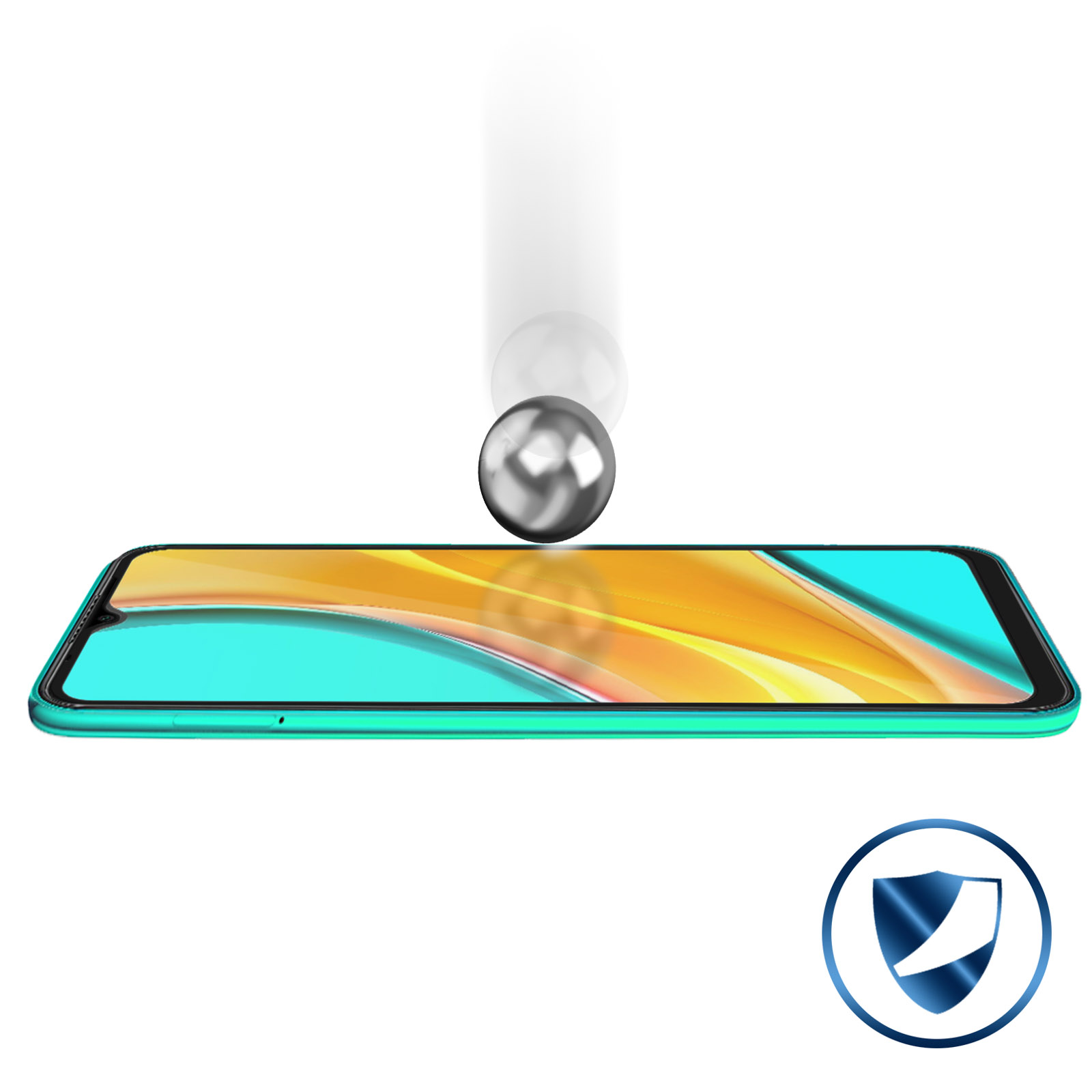 Un smartphone avec un protecteur d'écran. Une boule métallique tombe vers l'écran. Un logo de bouclier est dans le coin.