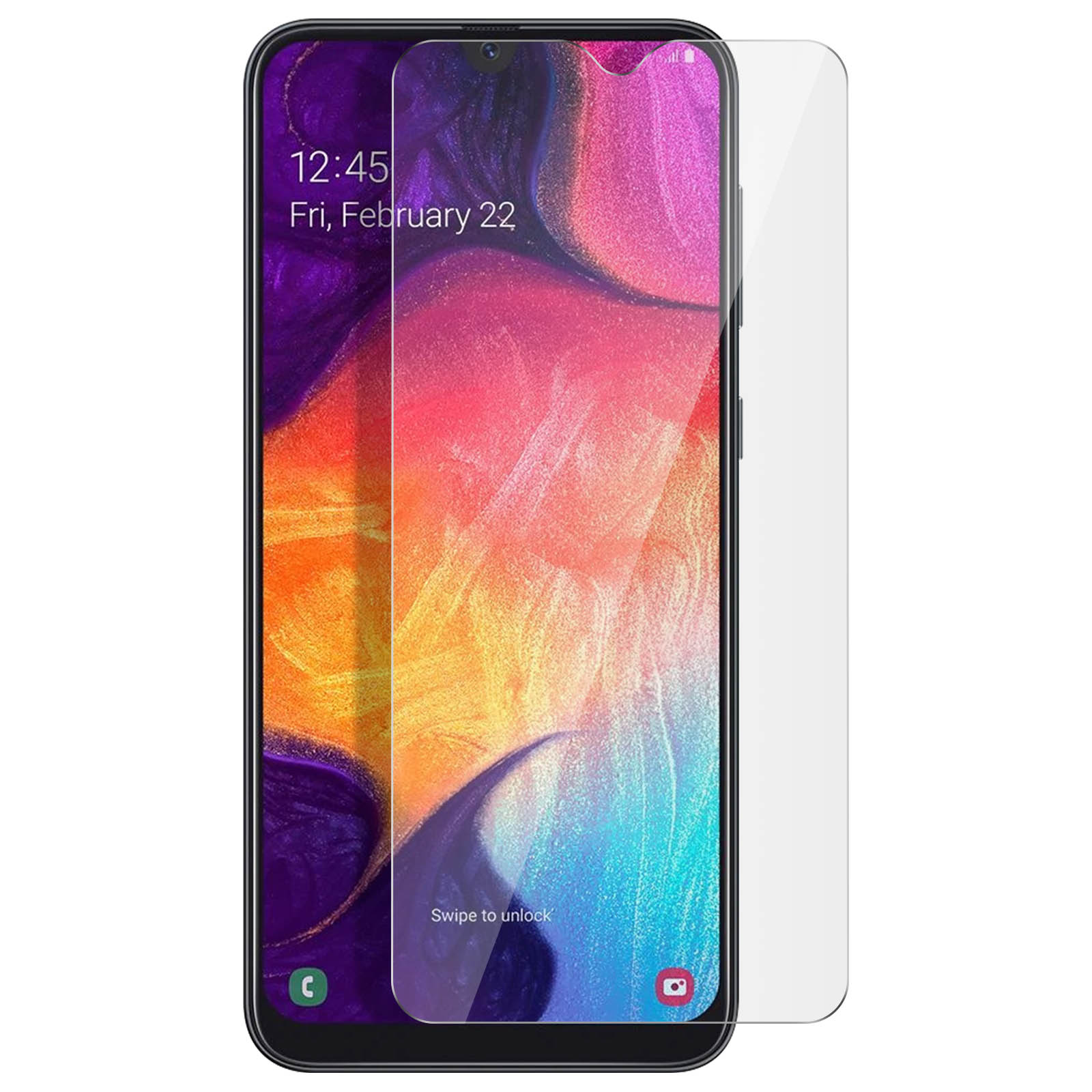 Uno smartphone nero con protezione schermo, che mostra uno schermo colorato con l'ora: 12:45. La data è il 22 febbraio.