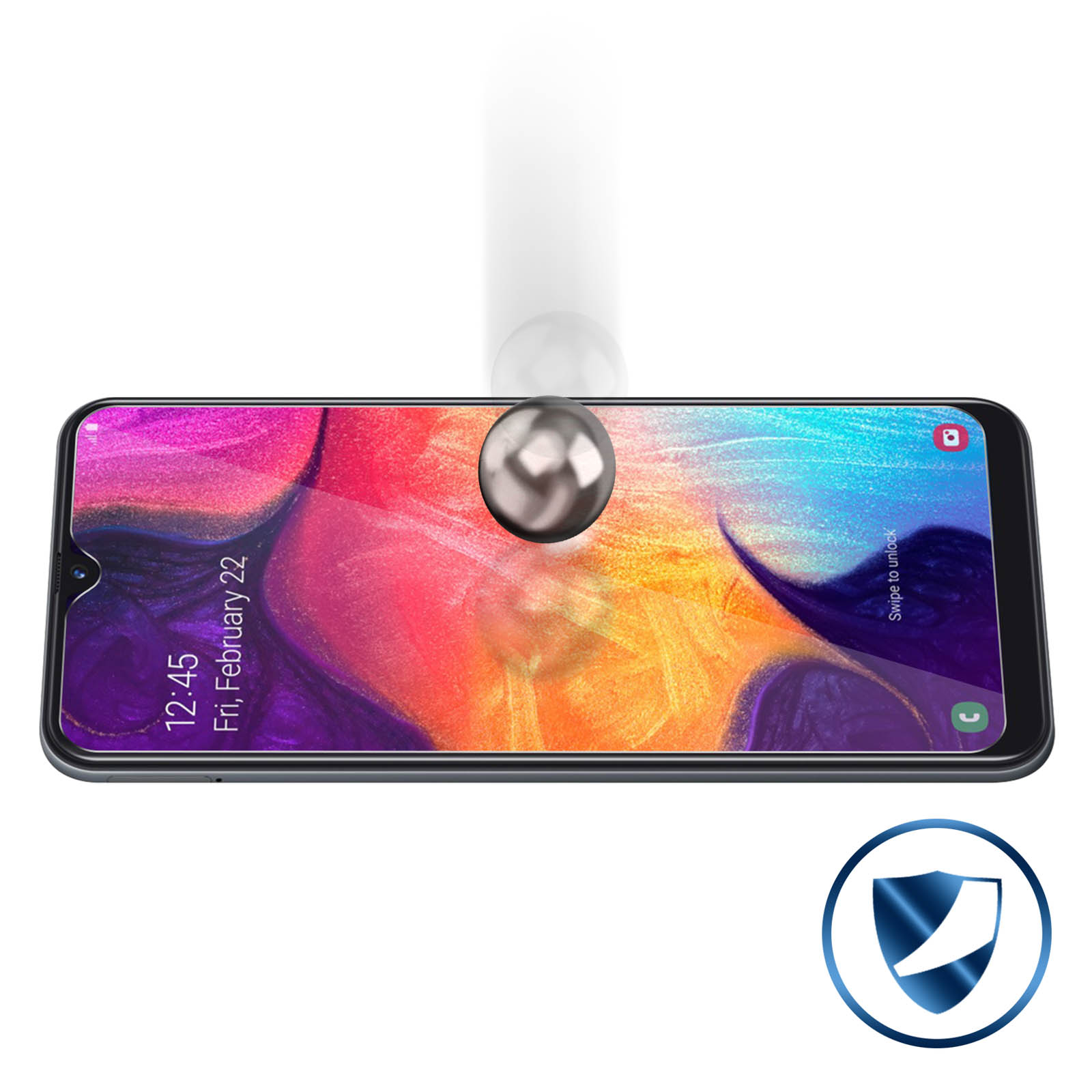 Uno smartphone con una protezione per lo schermo a destra. Una palla sembra colpire lo schermo.