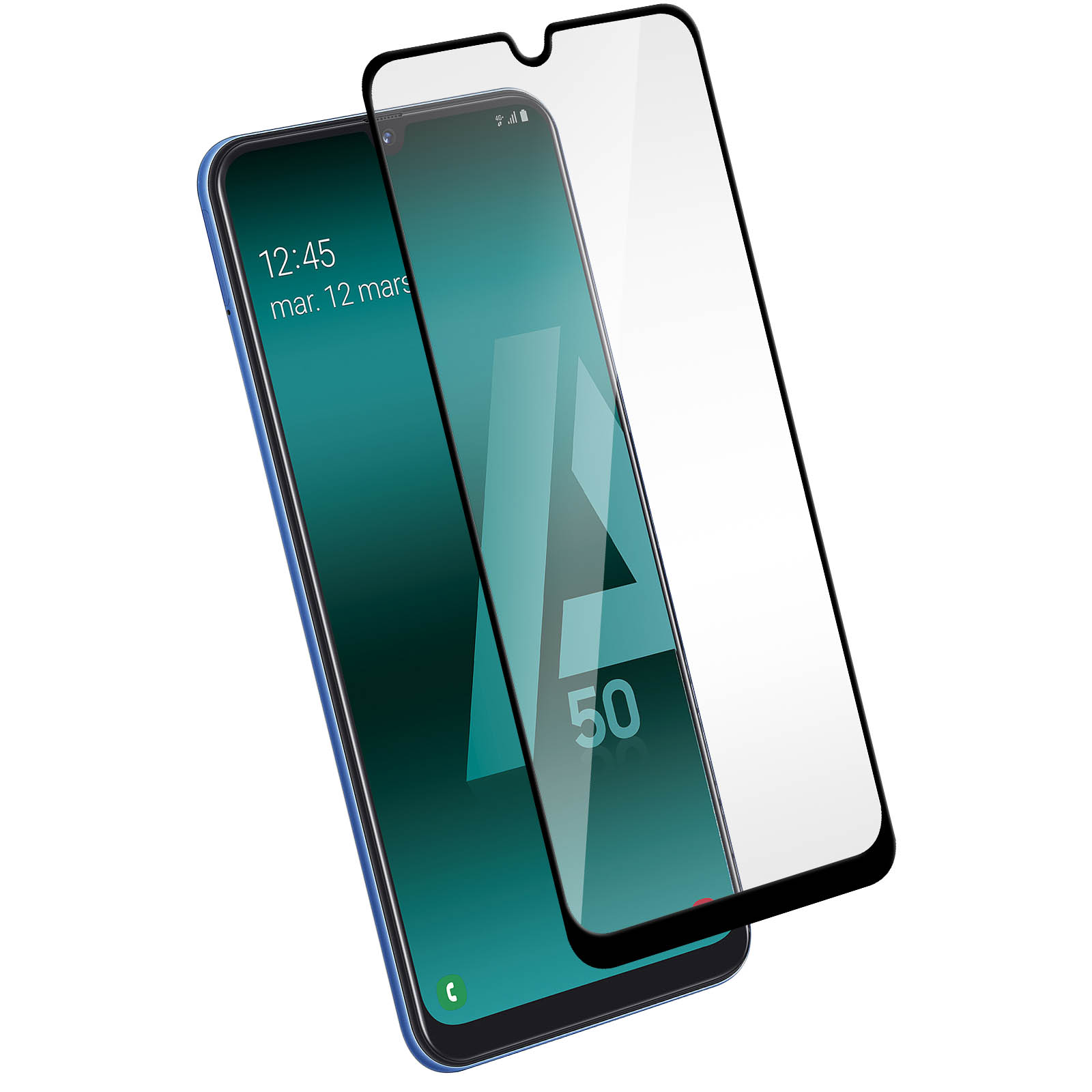 Smartphone blu con protezione schermo. Lo schermo mostra una grande 'A' e il numero '40'.