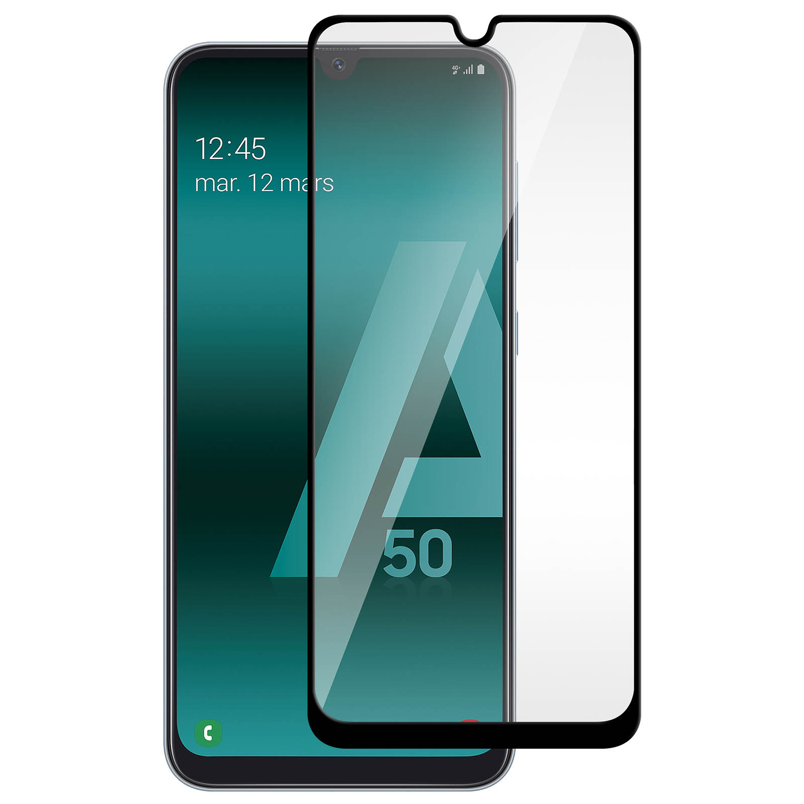 Telefono con protezione che mostra l'ora, un logo e sfondo turchese.
