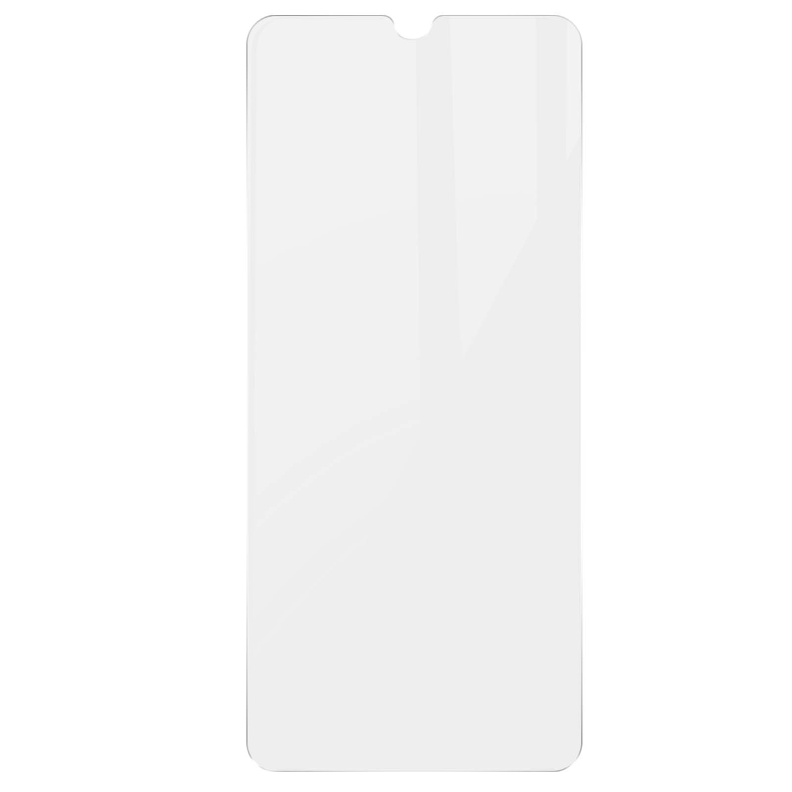 Una protezione schermo trasparente per un telefono. Lo sfondo è bianco.