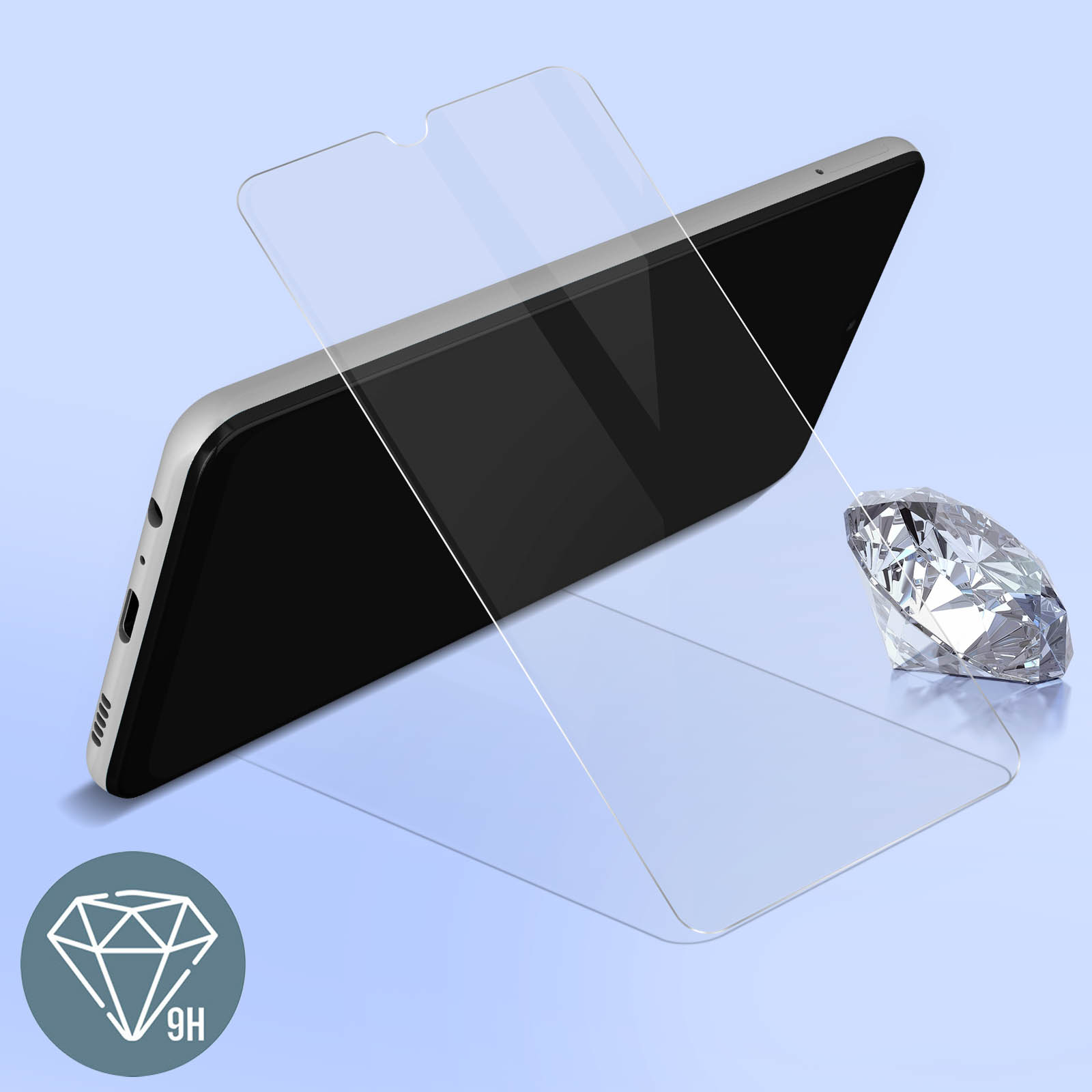 Telefono con protezione schermo, icona diamante, sfondo blu. Telefono con protezione.