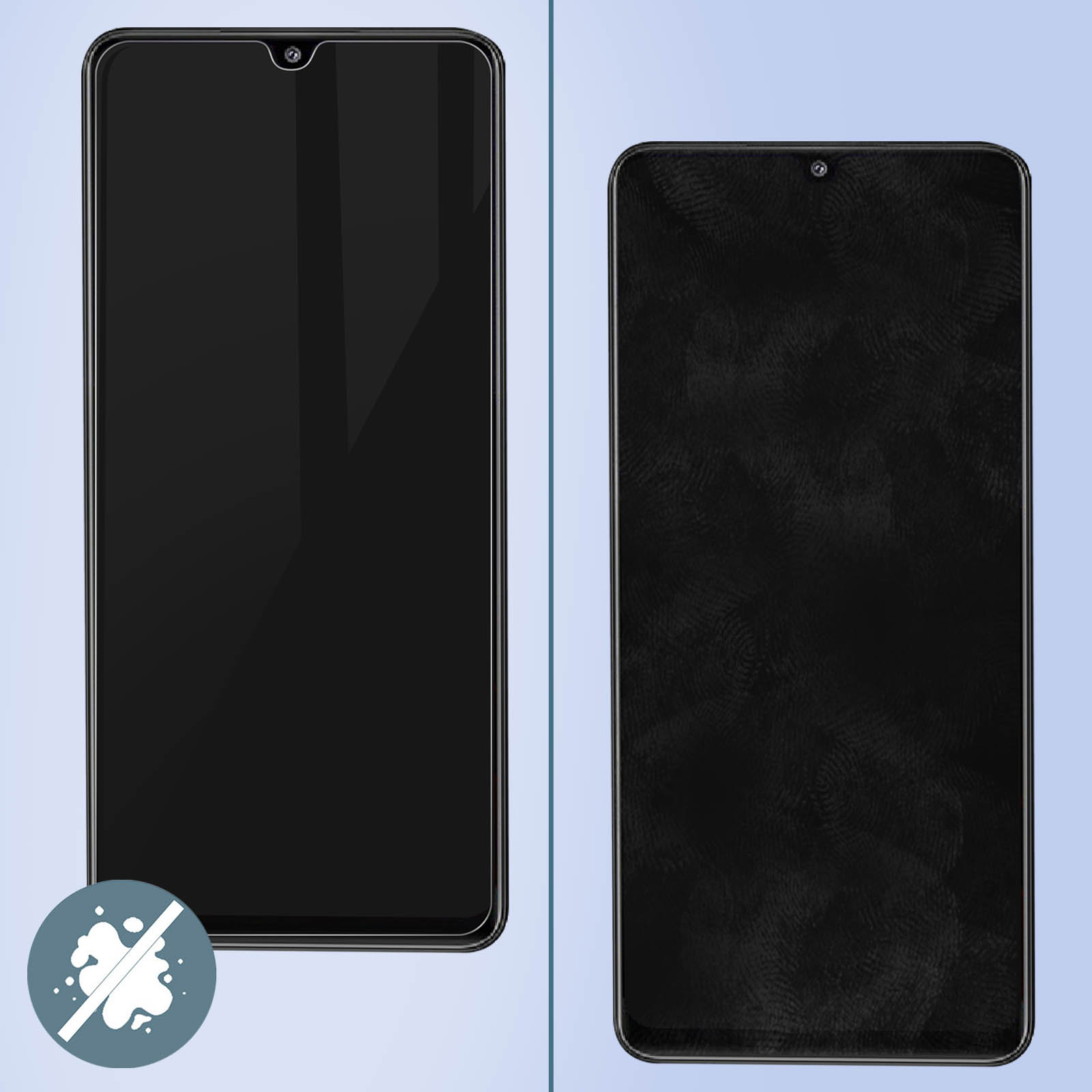 Due telefoni uno accanto all'altro. Uno con protezione schermo, l'altro senza. Sfondo blu.