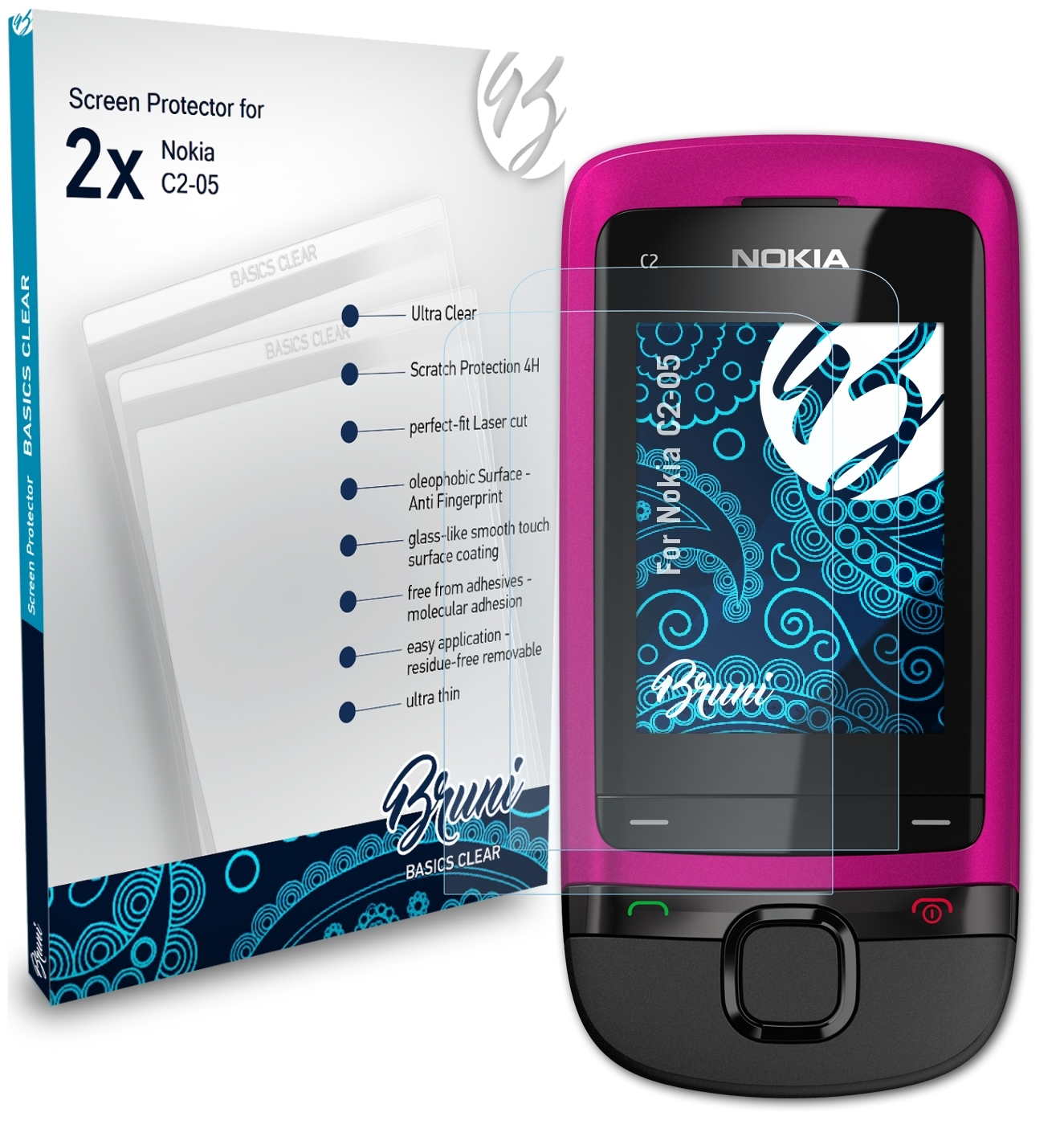 2x C2-05) Schutzfolie(für Basics-Clear BRUNI Nokia