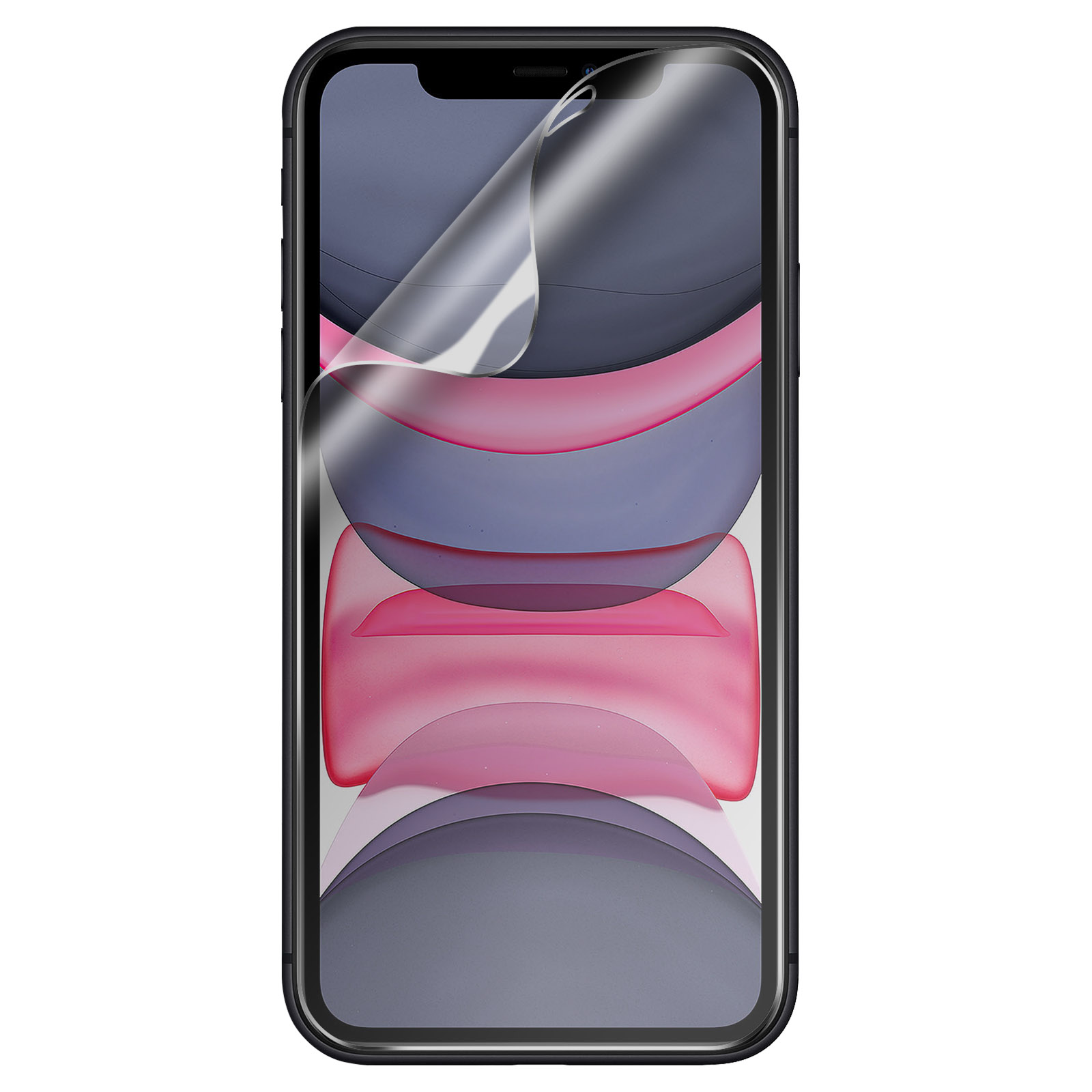 Un telefono con una protezione per lo schermo. Lo schermo del telefono mostra un'immagine di forme astratte.