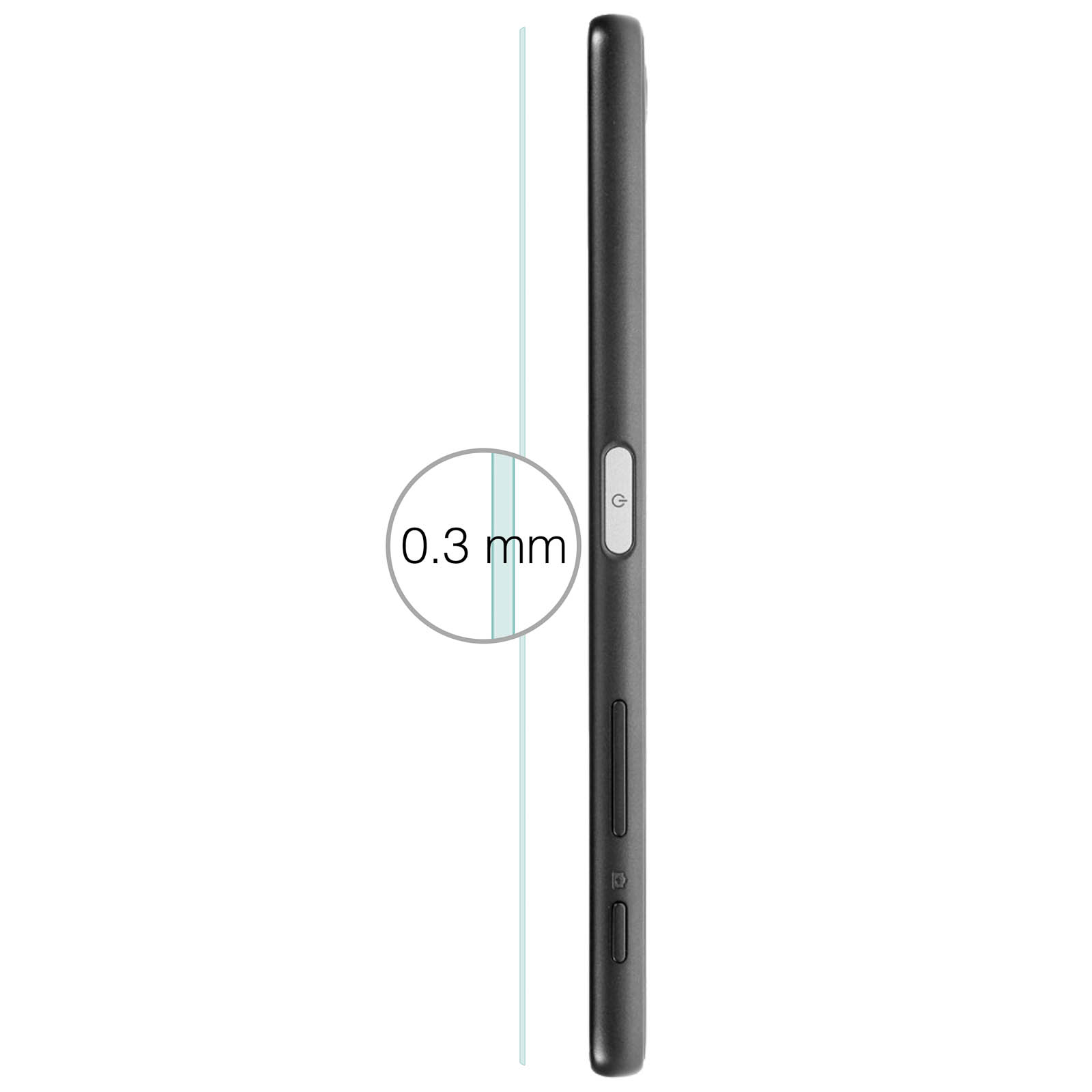 Vista laterale di uno smartphone nero. Un cerchio indica lo spessore di 0,3 mm.