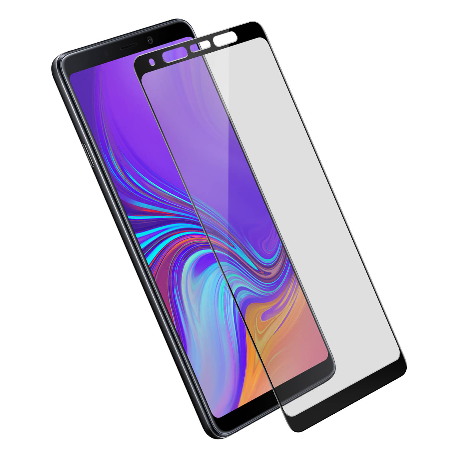 Uno smartphone con protezione schermo. Il telefono è nero con schermo viola. La protezione è trasparente e si trova sul telefono.
