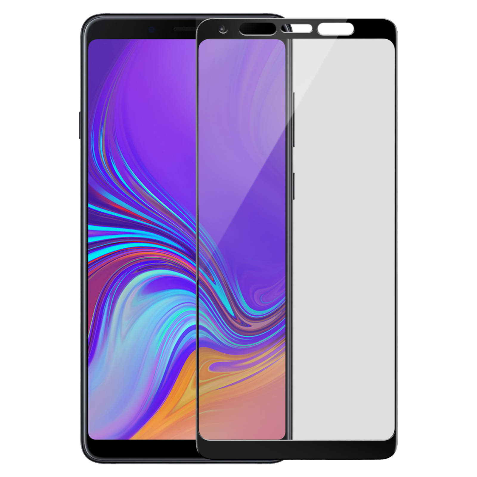 Uno smartphone e una protezione schermo sono in mostra. Il telefono ha uno schermo viola e la protezione è trasparente.