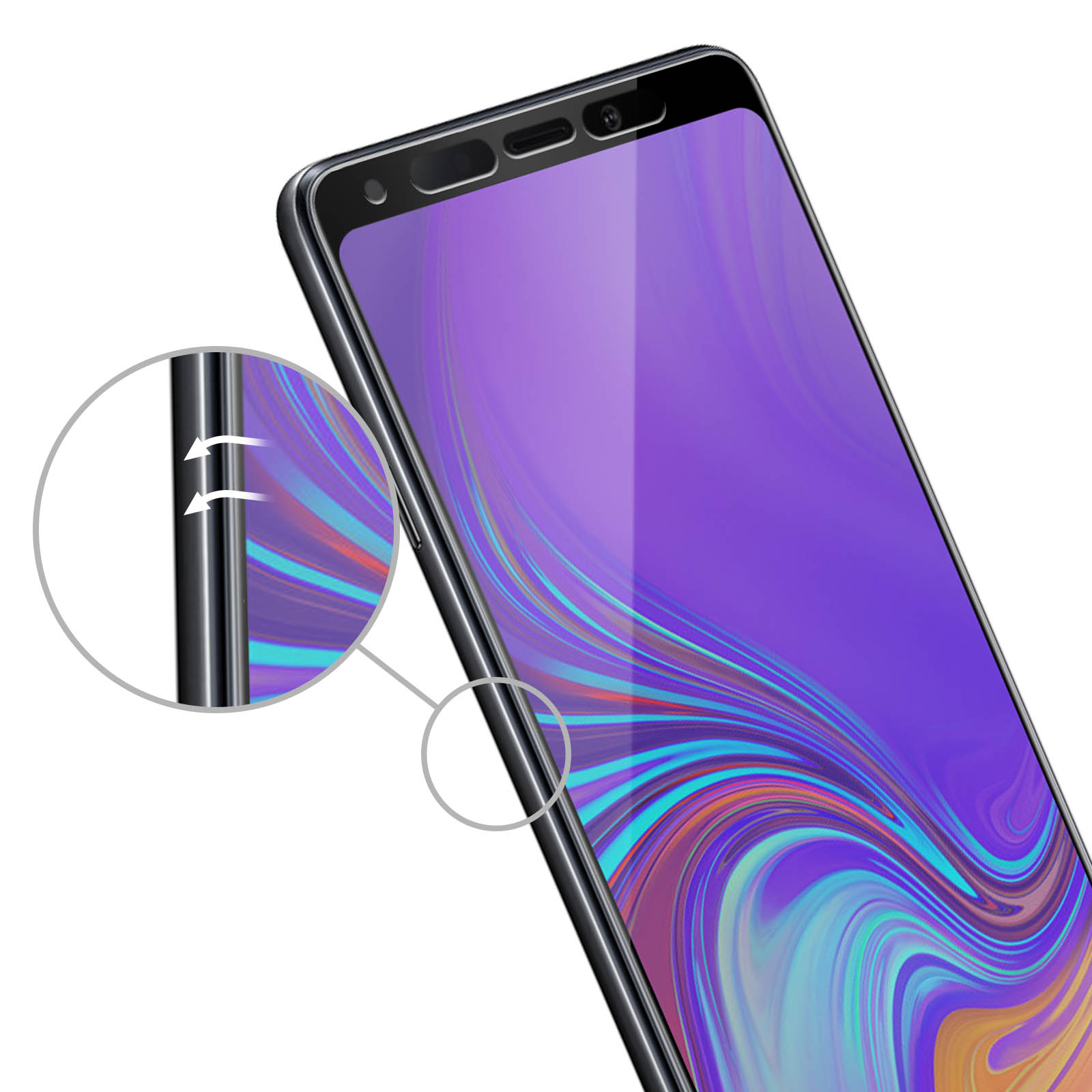 Smartphone con schermo viola. I dettagli mostrano frecce che indicano un gesto di scorrimento. Primo piano mostra il bordo e lo schermo del telefono.