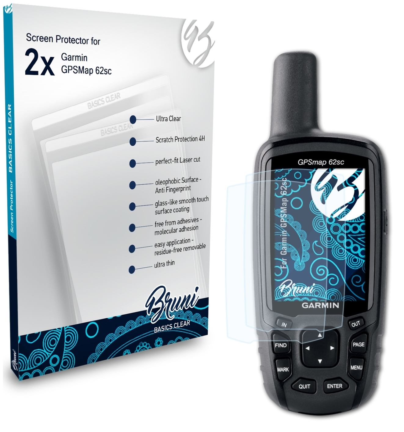 BRUNI 2x Basics-Clear GPSMap 62sc) Garmin Schutzfolie(für