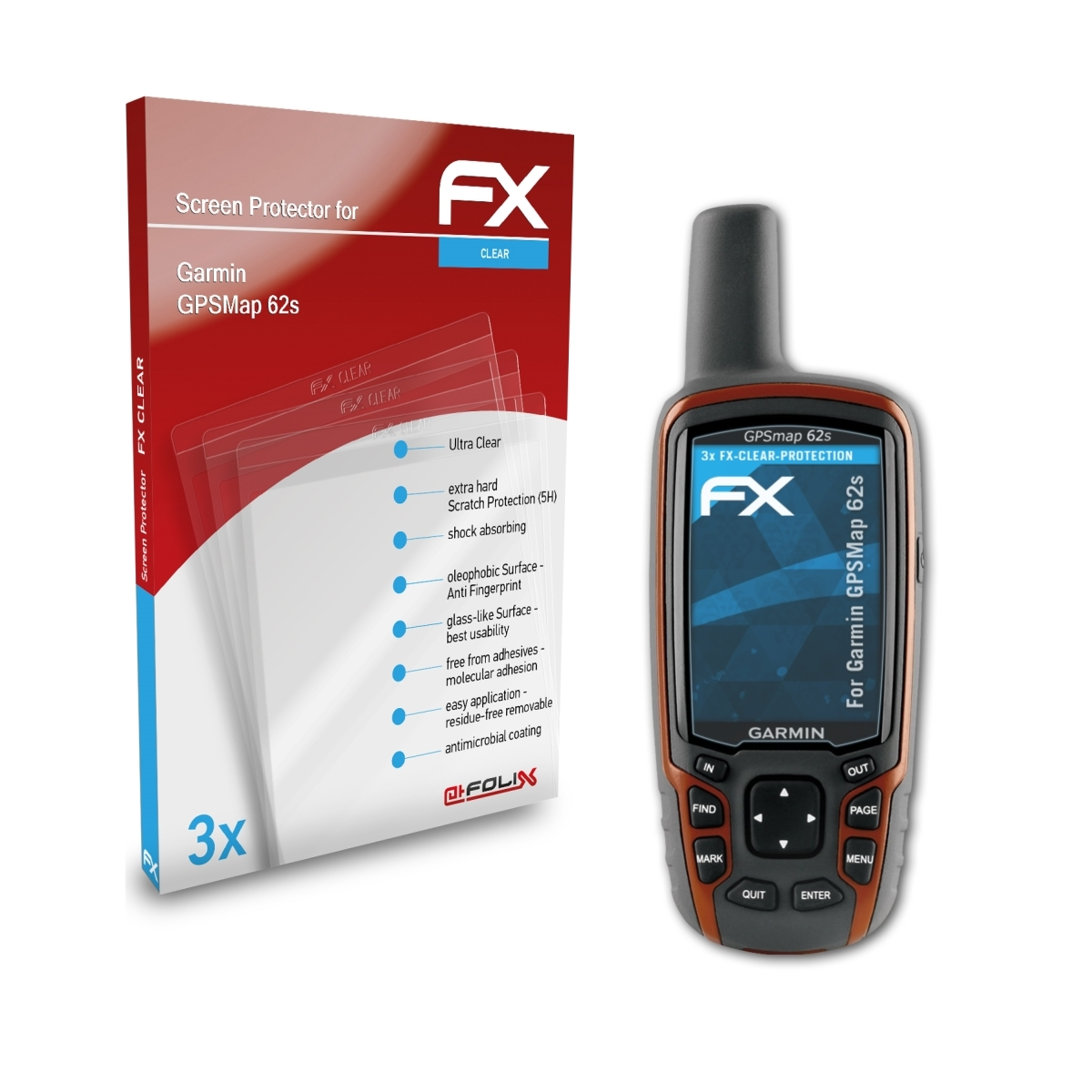 GPSMap Garmin ATFOLIX 3x FX-Clear Displayschutz(für 62s)
