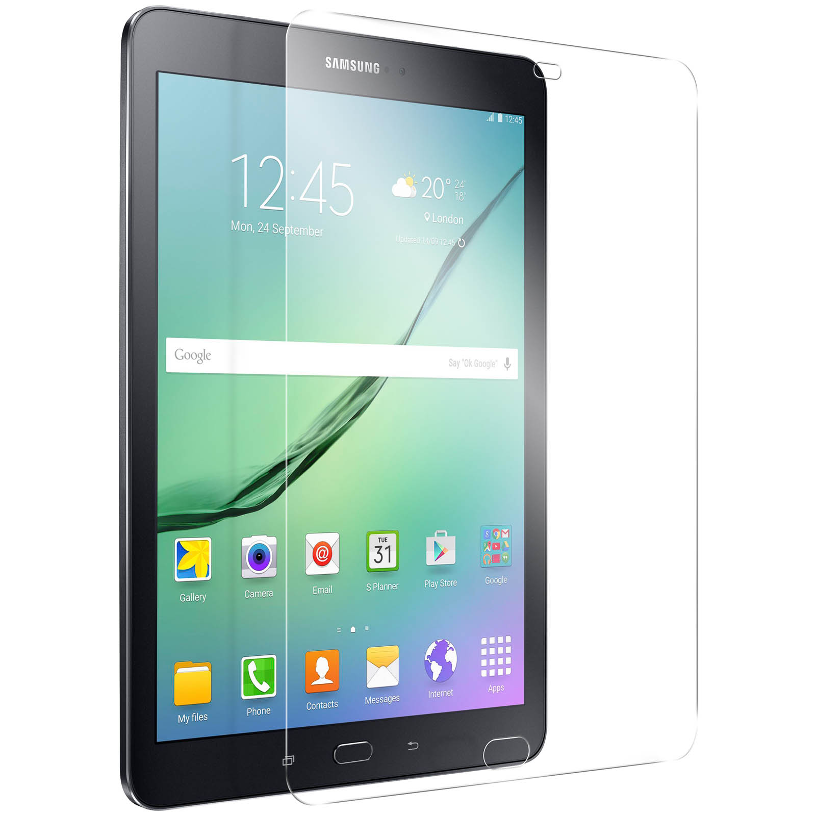 Tablet con protezione schermo. Lo schermo mostra la data, l'ora e le icone delle app.