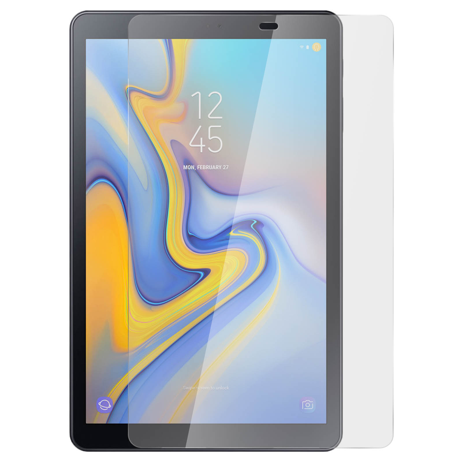 Een tablet bedekt met een schermbeschermer. Het scherm toont tijd en datum, 27 februari, maandag.