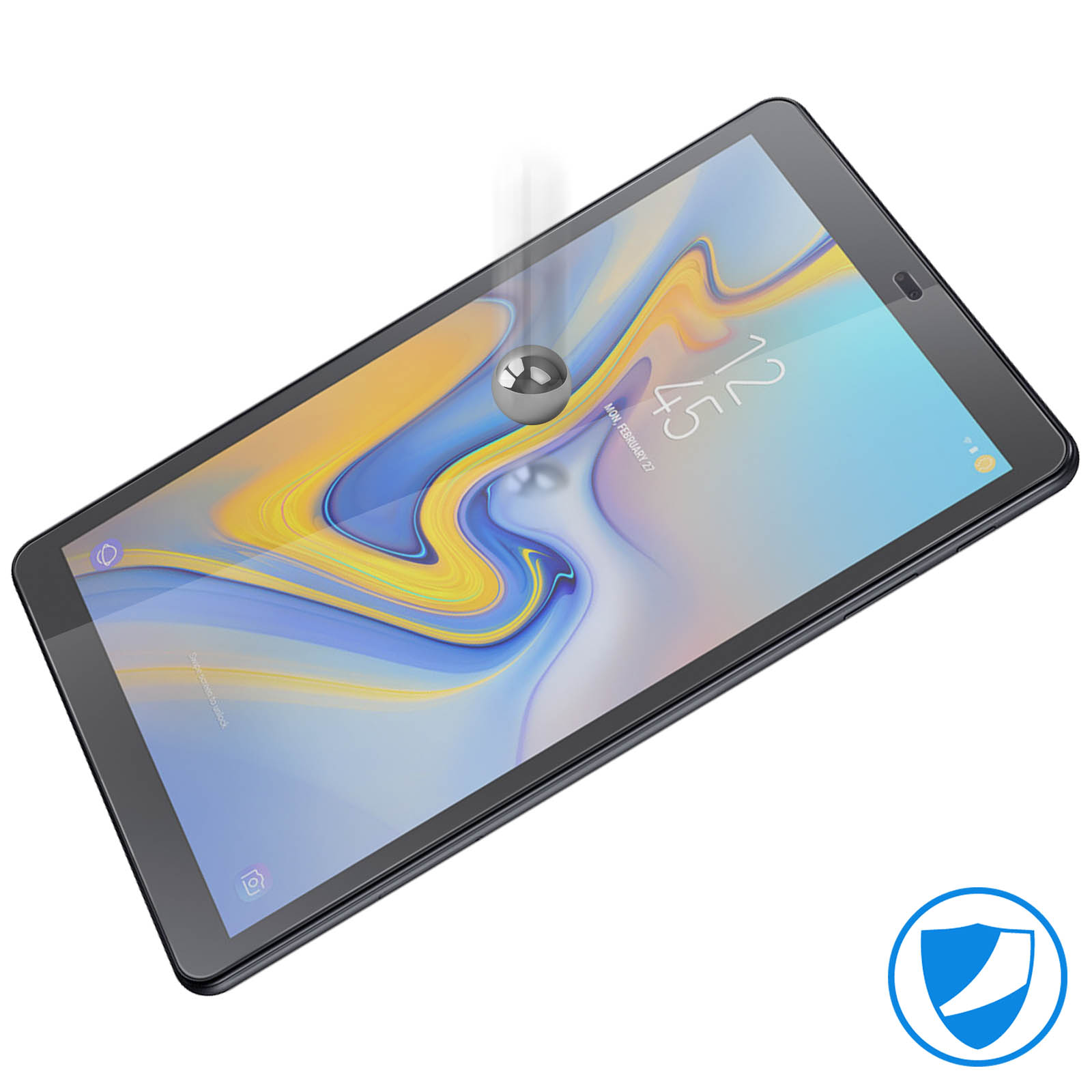 Tablet con protezione schermo, impatto sfera di vetro. Orario: 12:45, lunedì 22 febbraio. Icona di protezione.