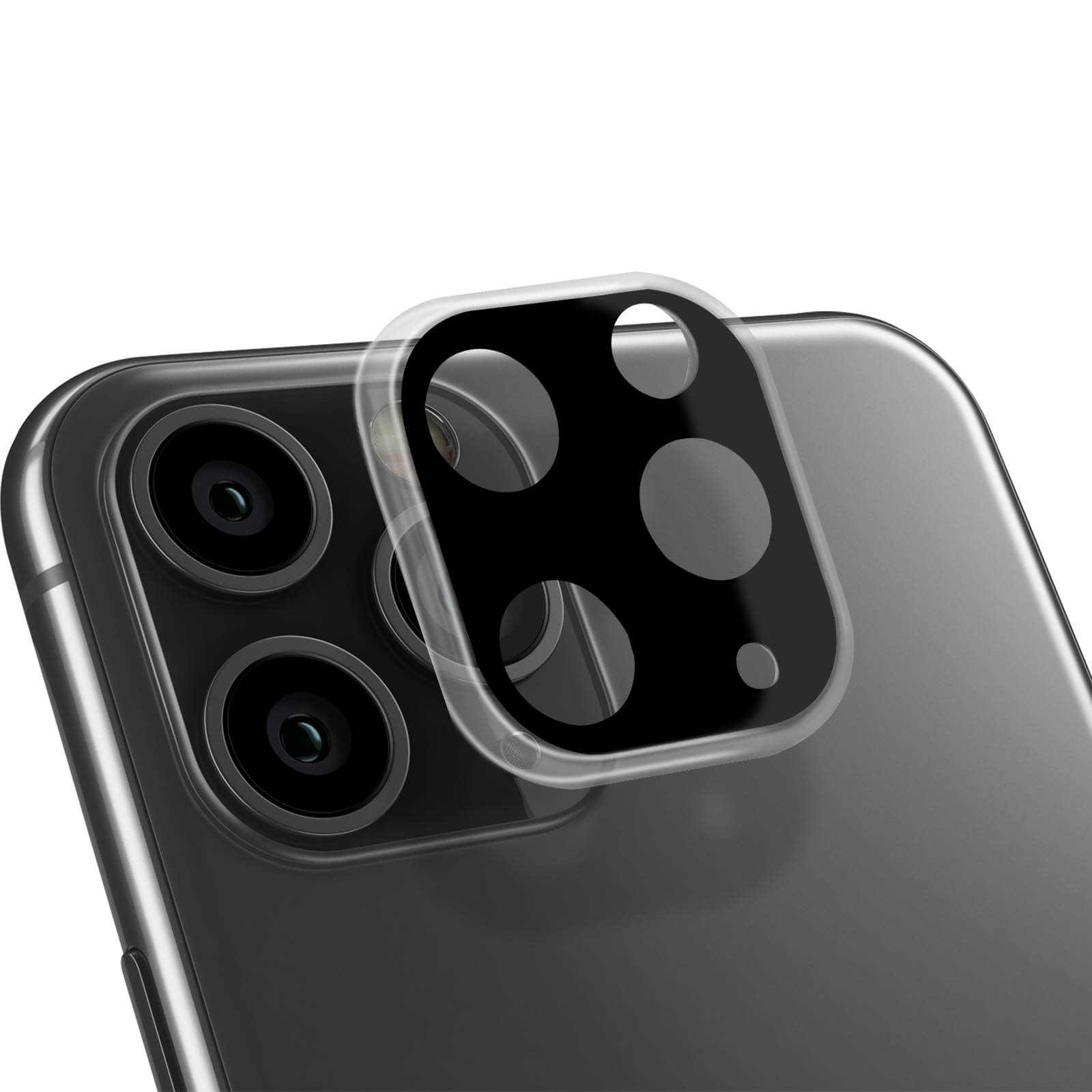 Primo piano del modulo fotocamera di un telefono. Una copertura protettiva trasparente copre le lenti, con sfondo sfocato.