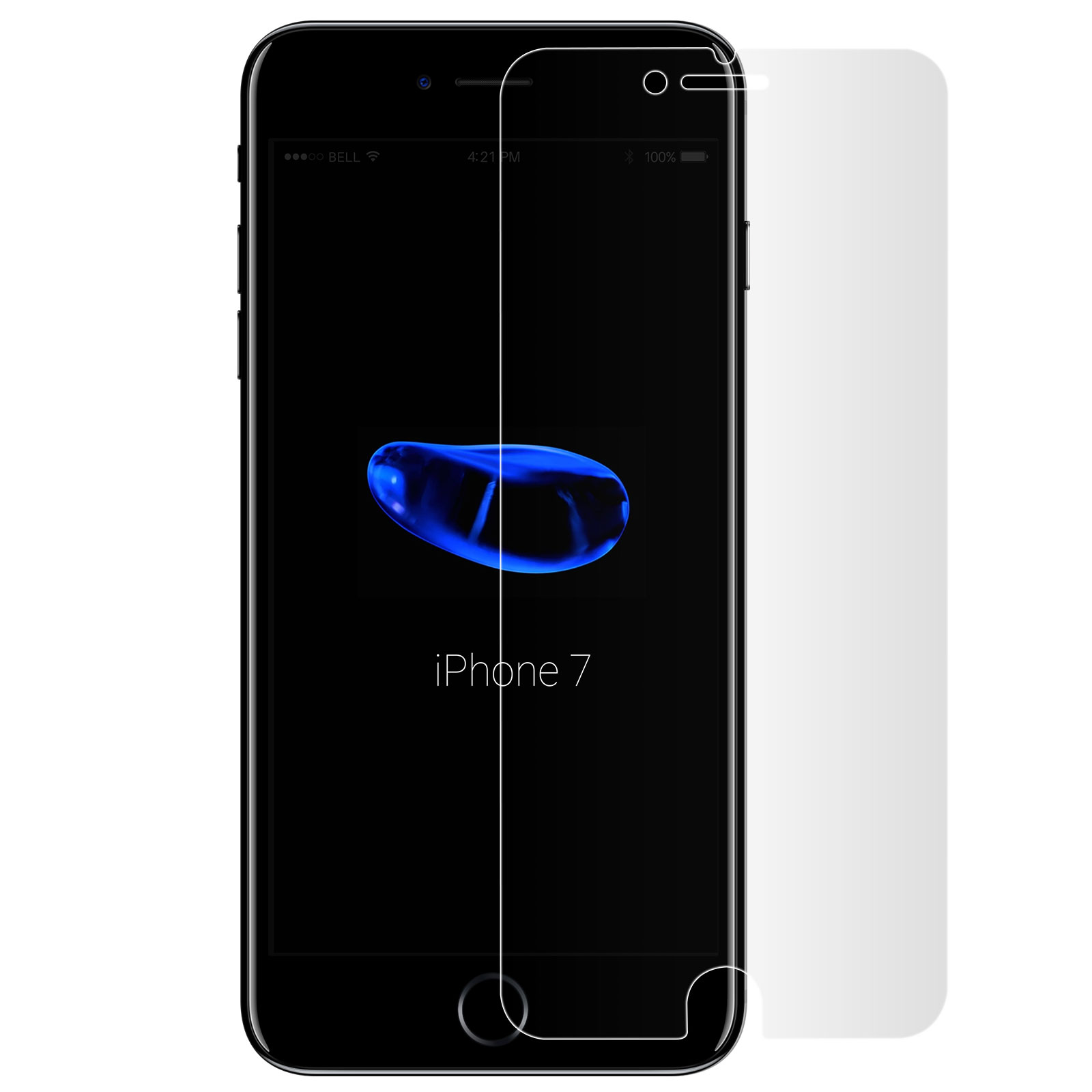 iPhone 7 nero con protezione schermo. Lo schermo mostra un'icona blu.