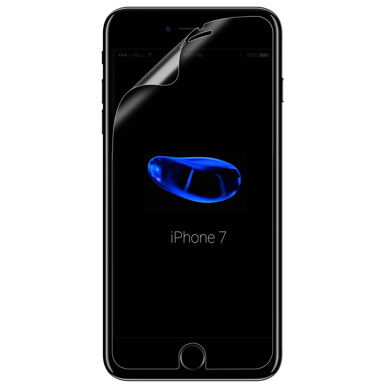 iPhone 7 con protezione schermo. Lo schermo è nero con un design blu e 'iPhone 7'.